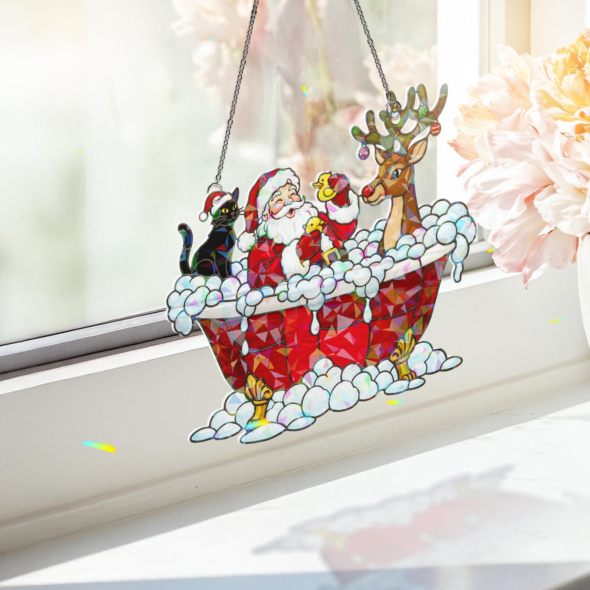 Santa and Reindeer Window Hanging, Holographic Christmas Suncatcher Decor