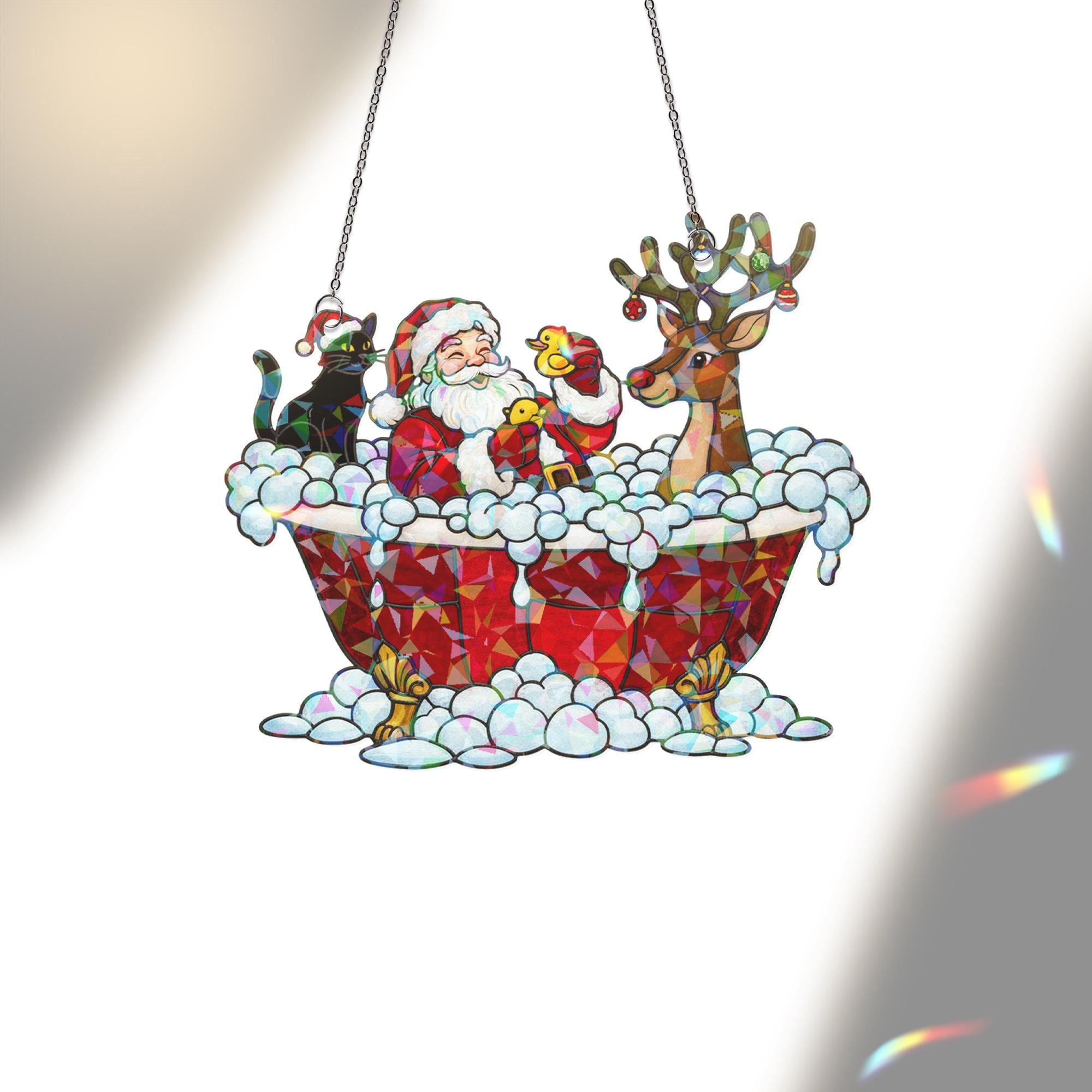 Santa and Reindeer Window Hanging, Holographic Christmas Suncatcher Decor