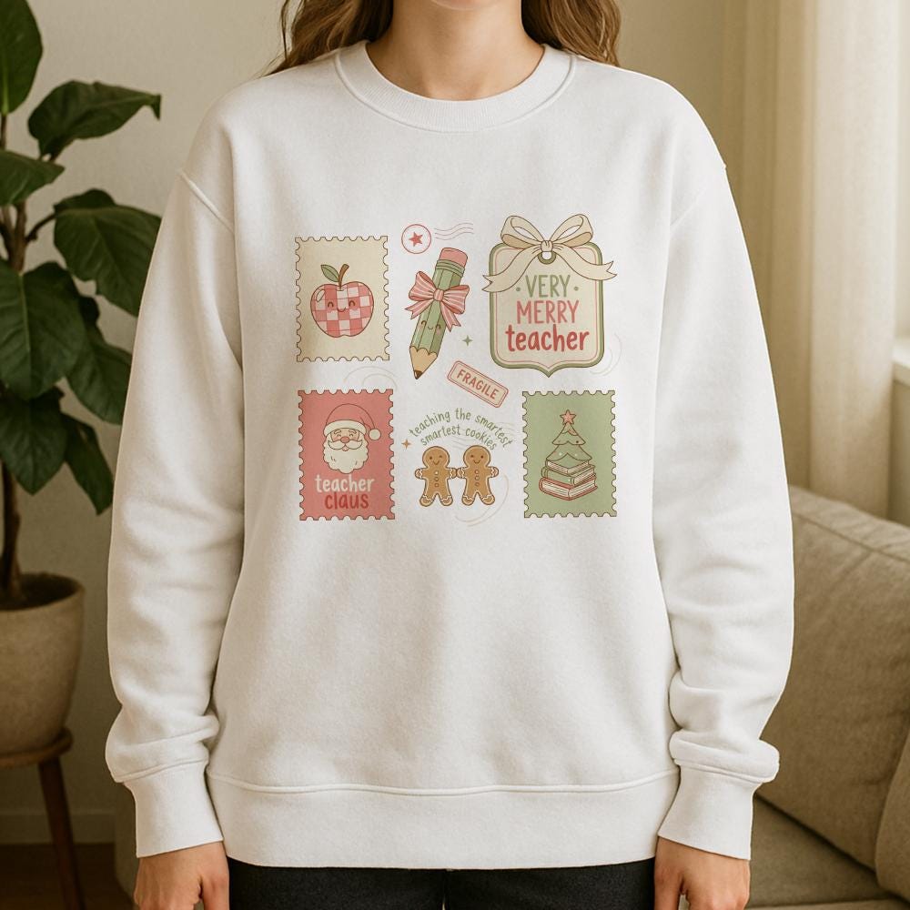 Teacher Sweatshirt — Cotton Blend Holiday Stamp Motif