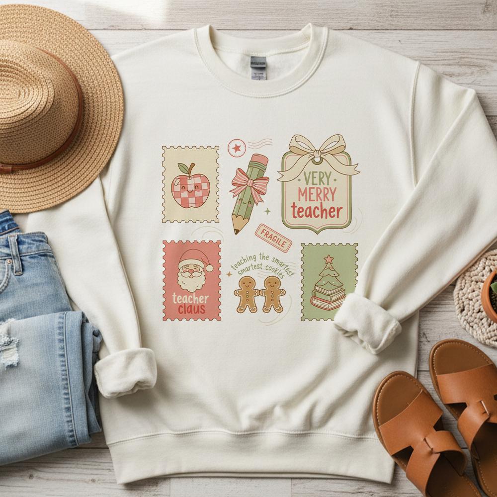 Teacher Sweatshirt — Cotton Blend Holiday Stamp Motif