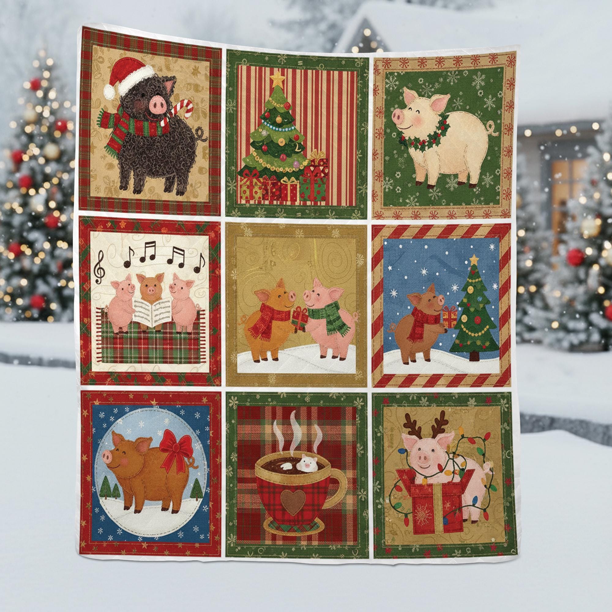 Christmas Pig Blanket, Cute Farm Animal Holiday Quilt Throw for Winter Decor