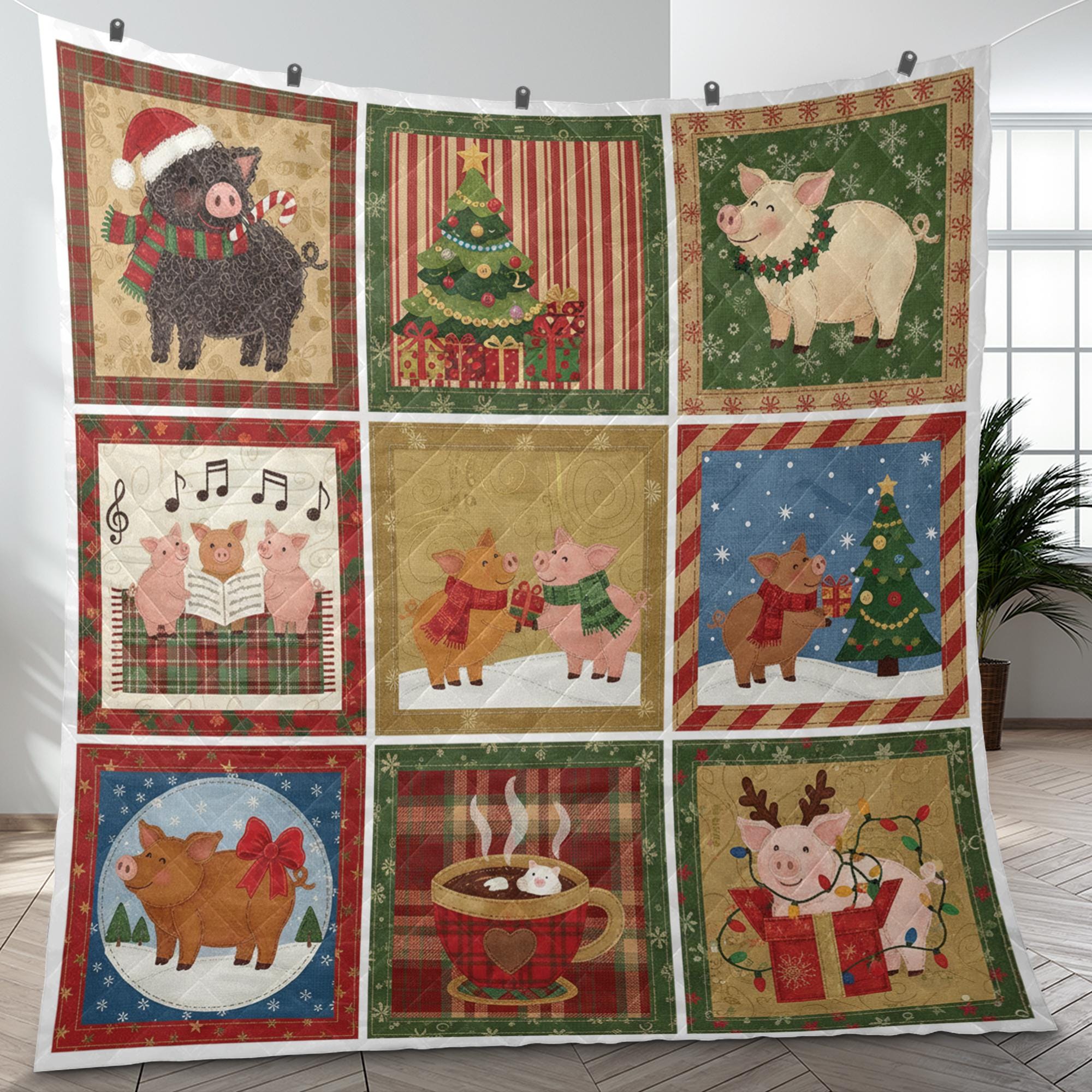 Christmas Pig Blanket, Cute Farm Animal Holiday Quilt Throw for Winter Decor