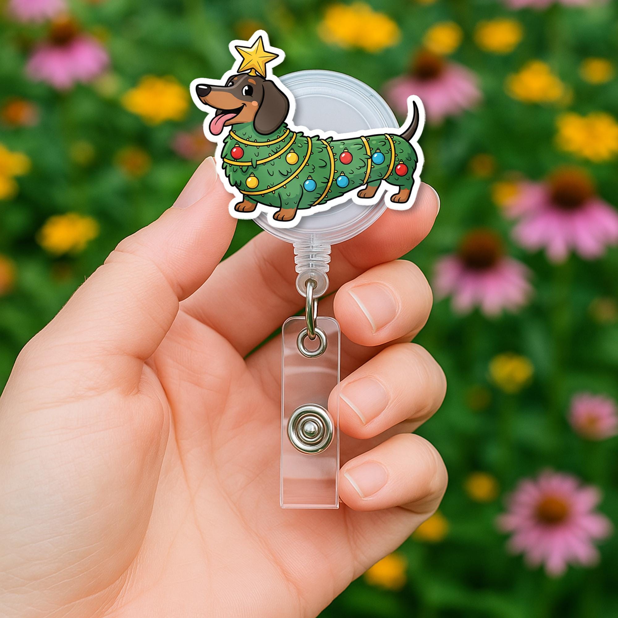 Dachshund Christmas Tree Costumed Badge Reel, Retractable ID Holder