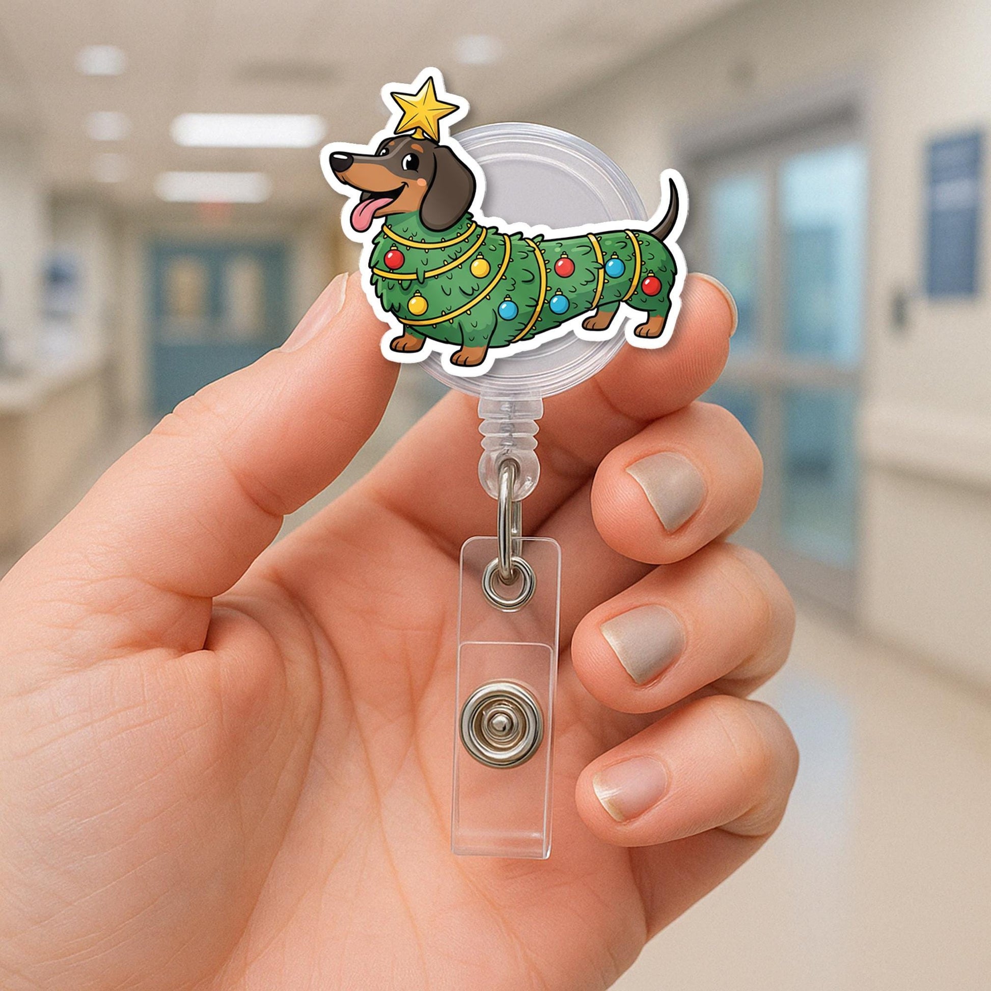 Dachshund Christmas Tree Costumed Badge Reel, Retractable ID Holder