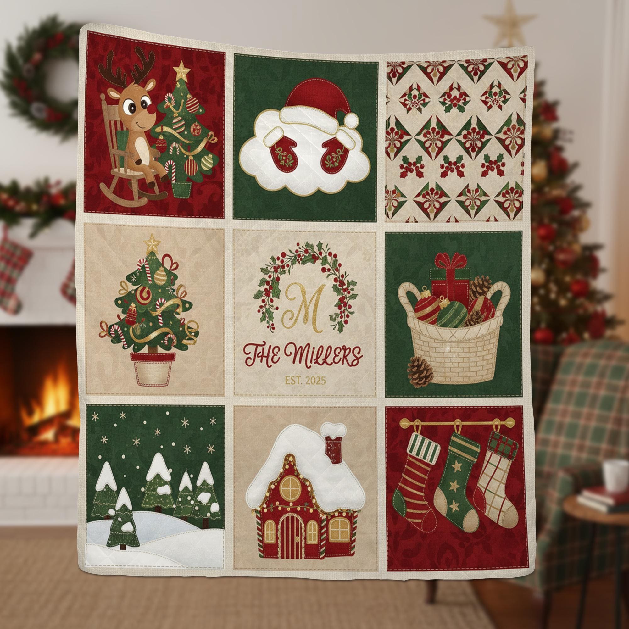Personalized Christmas Quilt Blanket, Custom Family Name Holiday Throw Decor