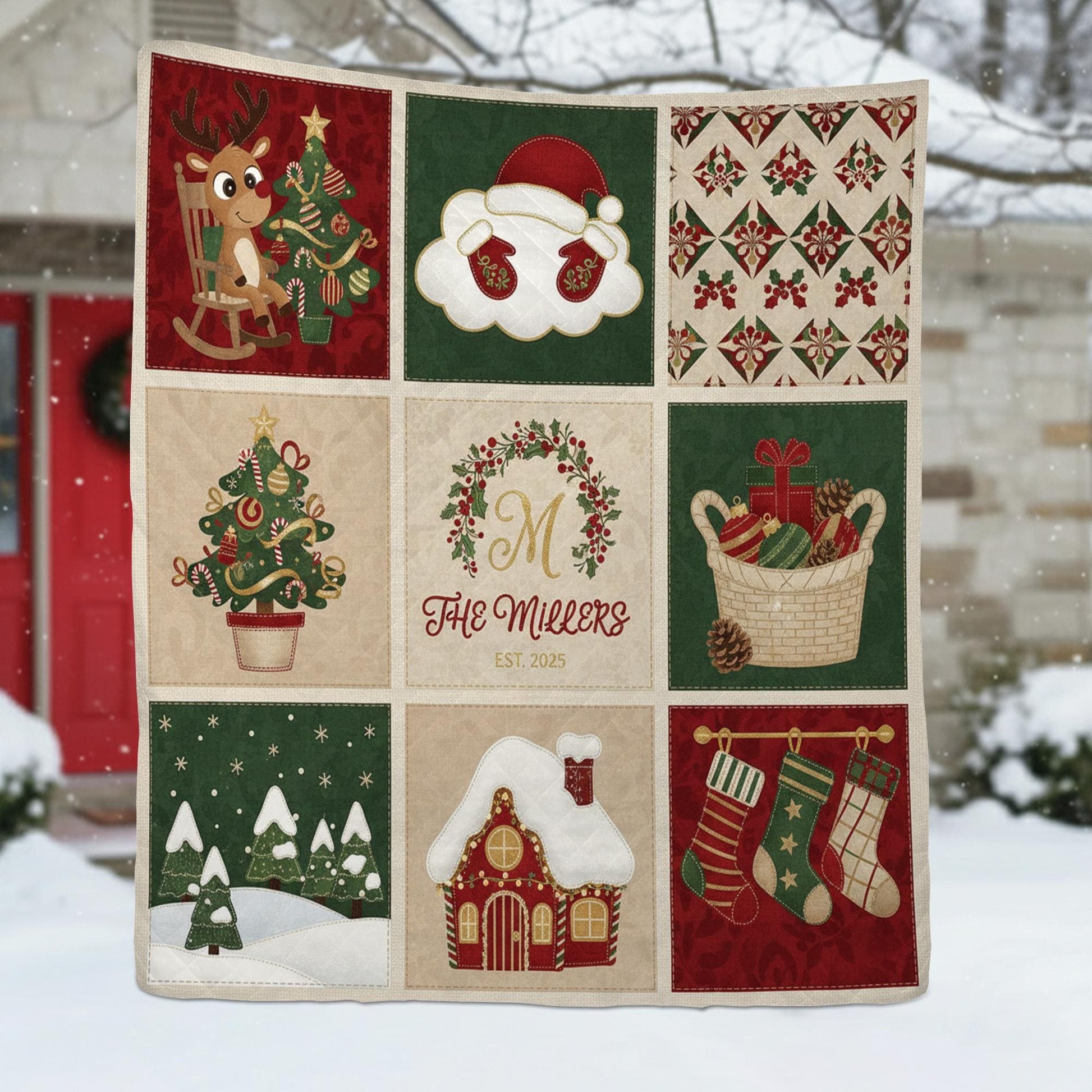 Personalized Christmas Quilt Blanket, Custom Family Name Holiday Throw Decor