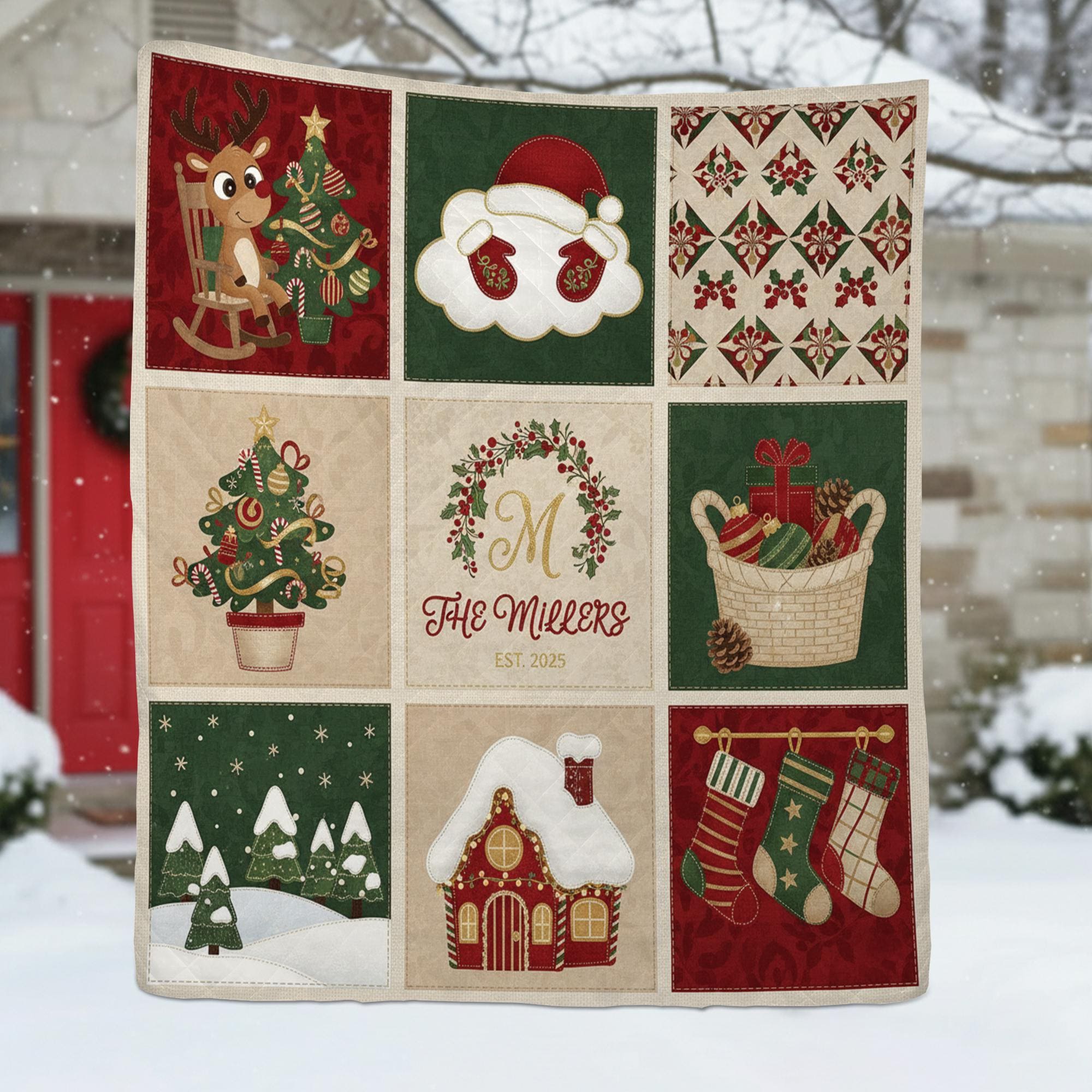 Personalized Christmas Quilt Blanket, Custom Family Name Holiday Throw Decor