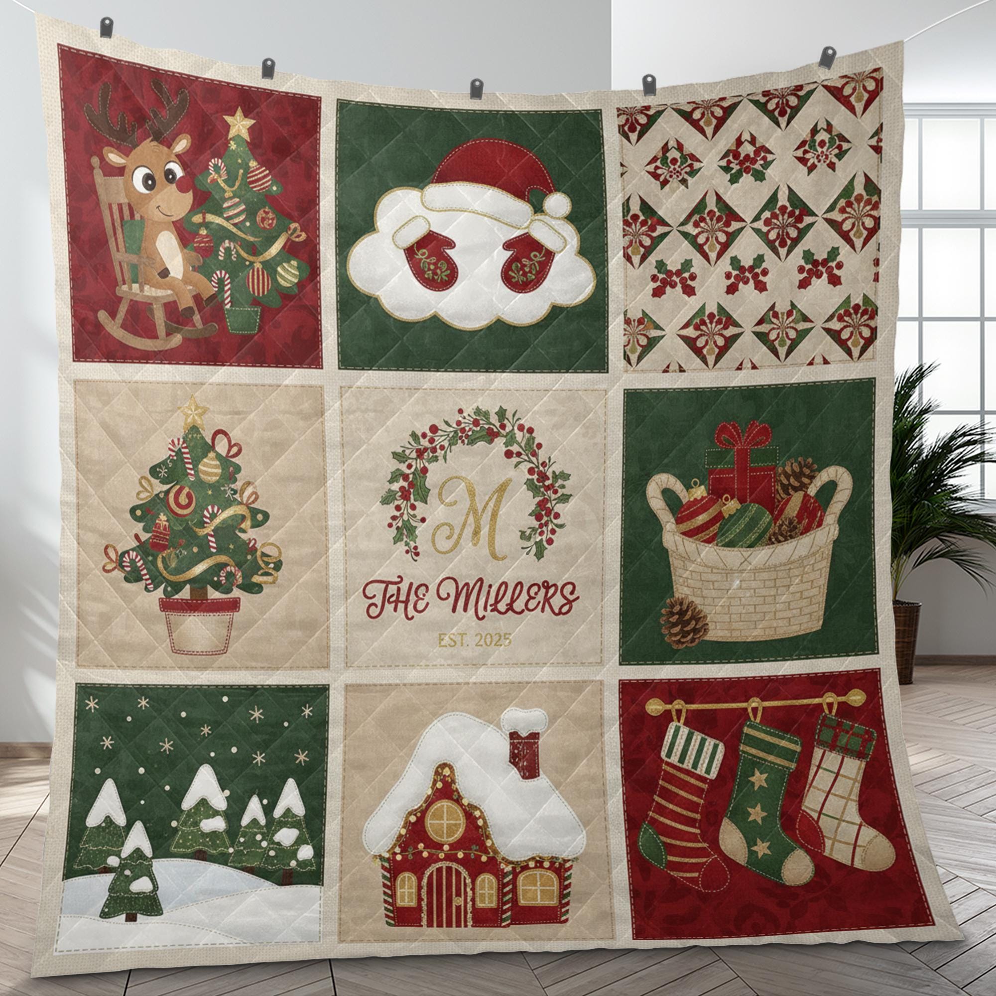 Personalized Christmas Quilt Blanket, Custom Family Name Holiday Throw Decor