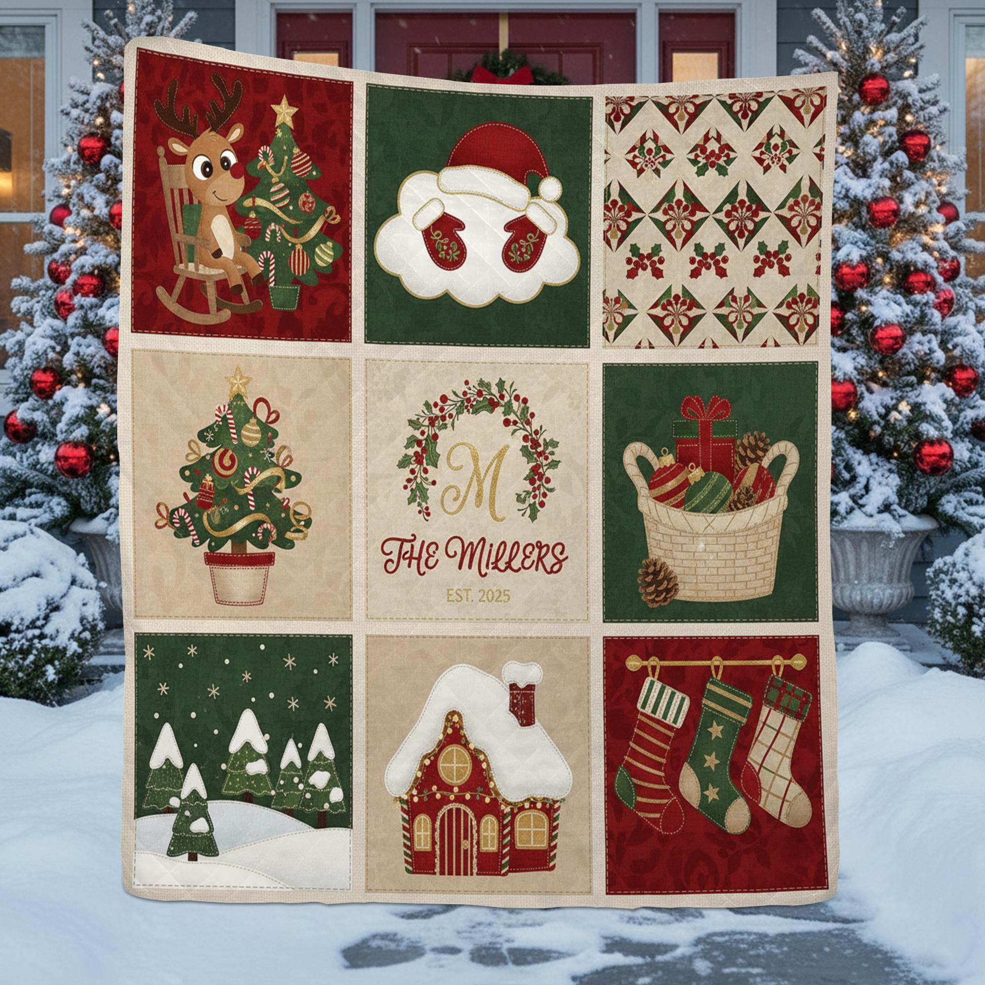 Personalized Christmas Quilt Blanket, Custom Family Name Holiday Throw Decor