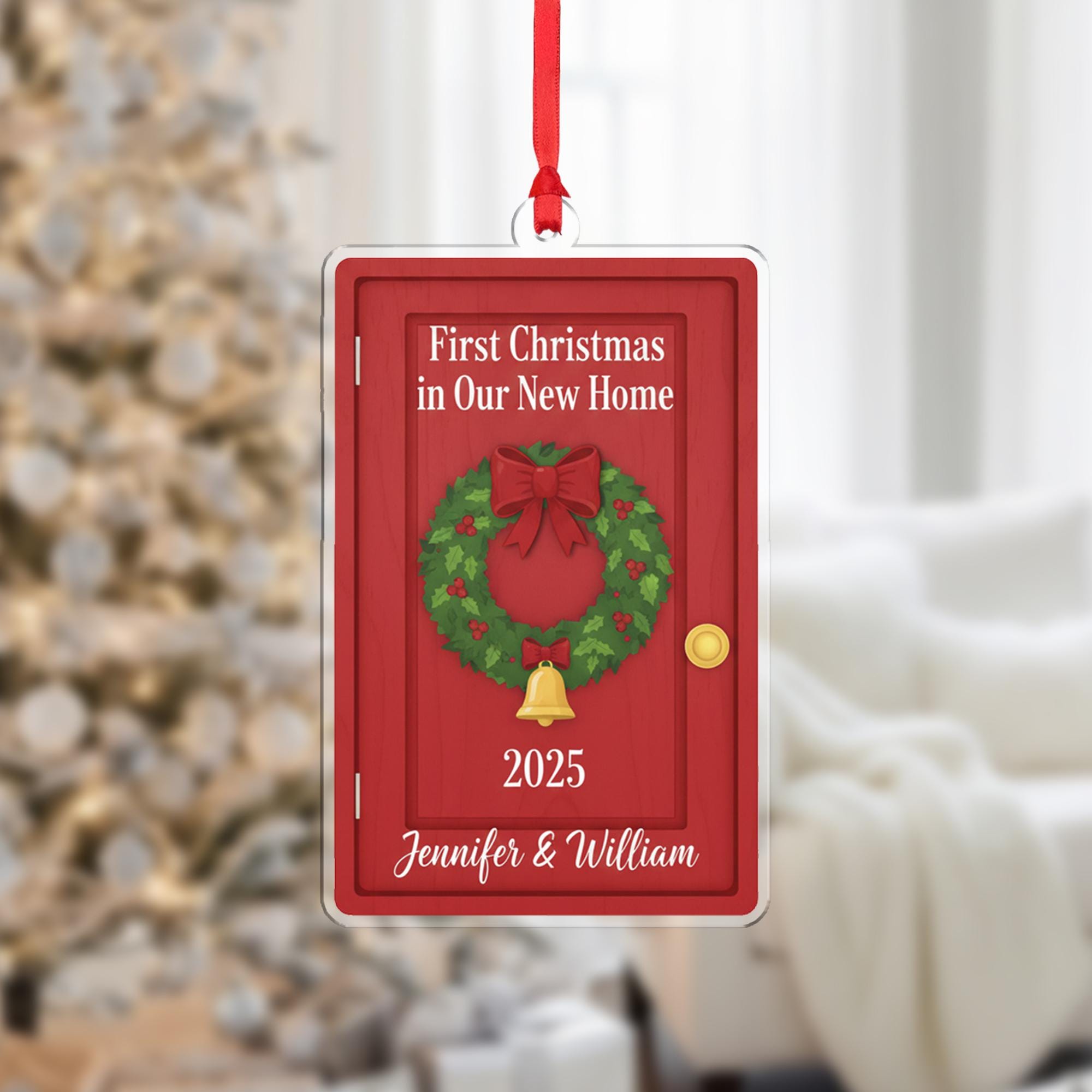 Personalized First Christmas in New Home Ornament : Red Door Wreath Holiday Decoration, Housewarming Ornament