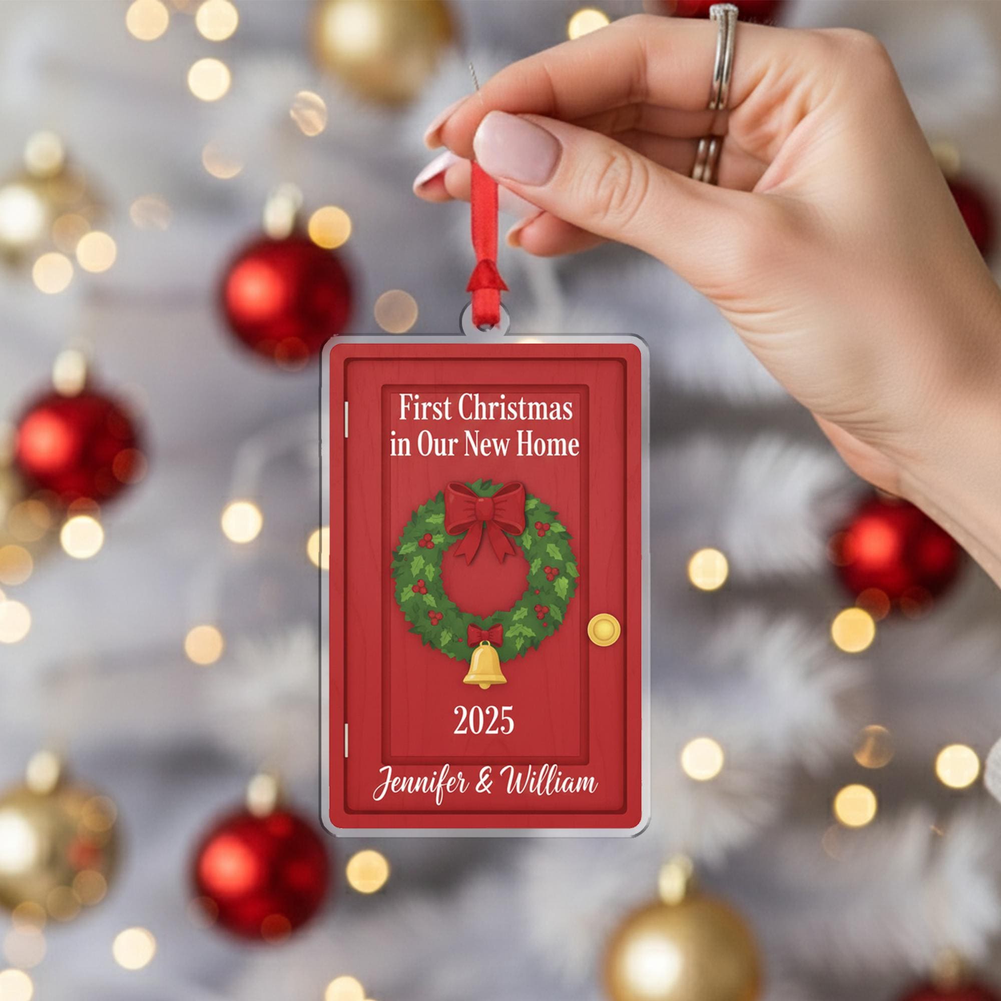 Personalized First Christmas in New Home Ornament : Red Door Wreath Holiday Decoration, Housewarming Ornament