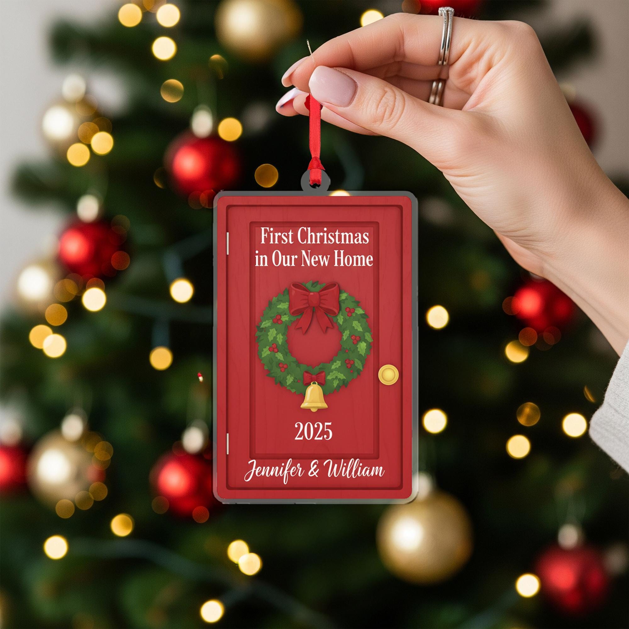 Personalized First Christmas in New Home Ornament : Red Door Wreath Holiday Decoration, Housewarming Ornament