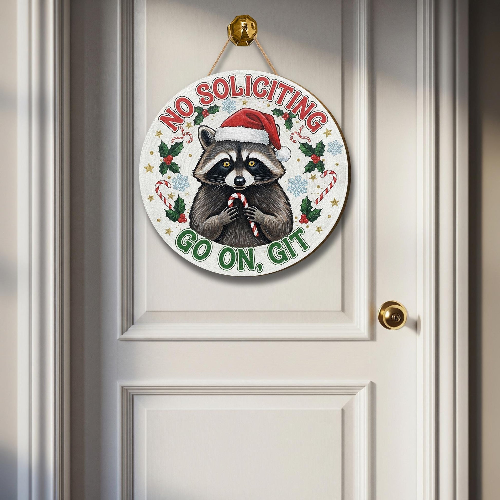 Funny No Soliciting Christmas Sign, Raccoon Holiday Wood Door Hanging Decor