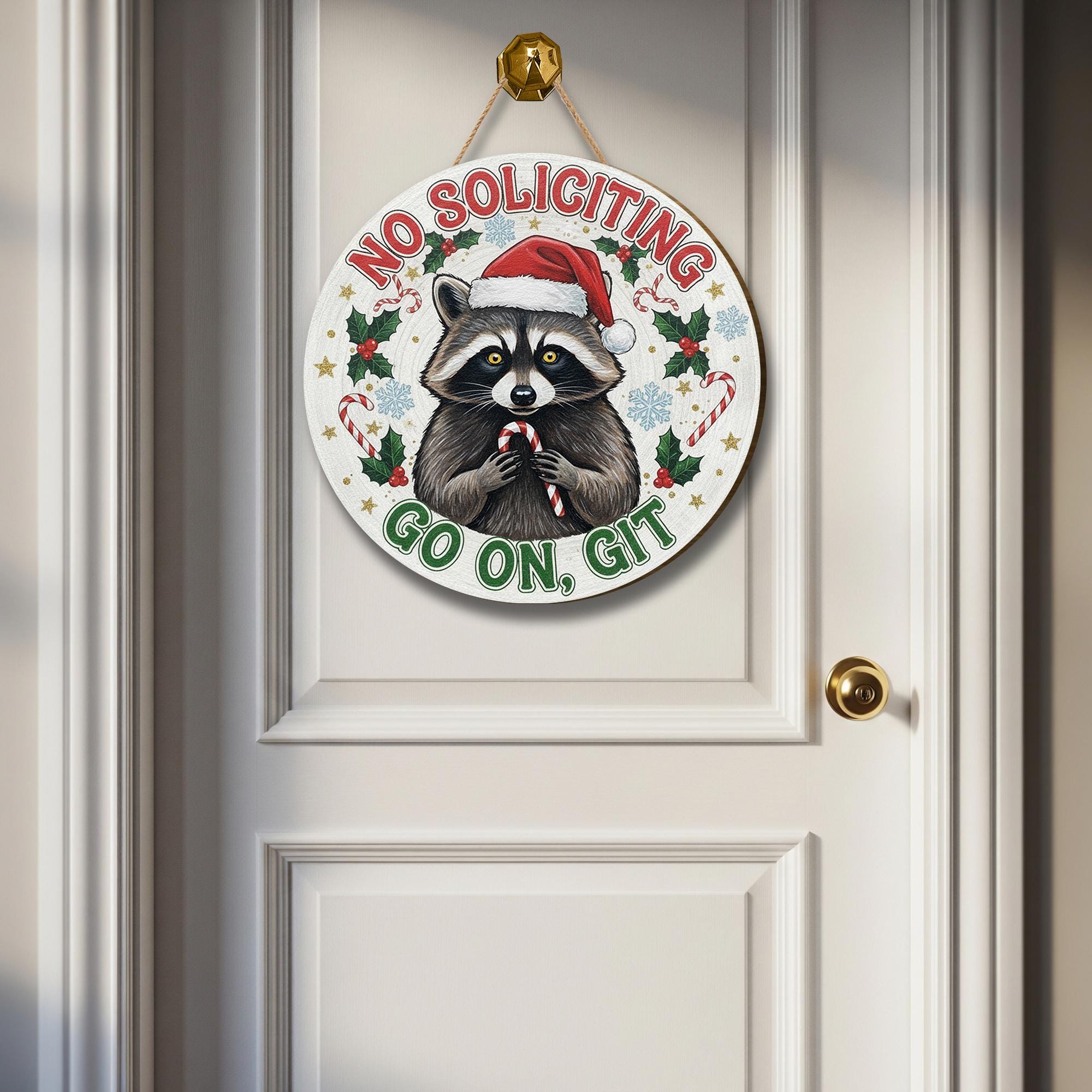Funny No Soliciting Christmas Sign, Raccoon Holiday Wood Door Hanging Decor