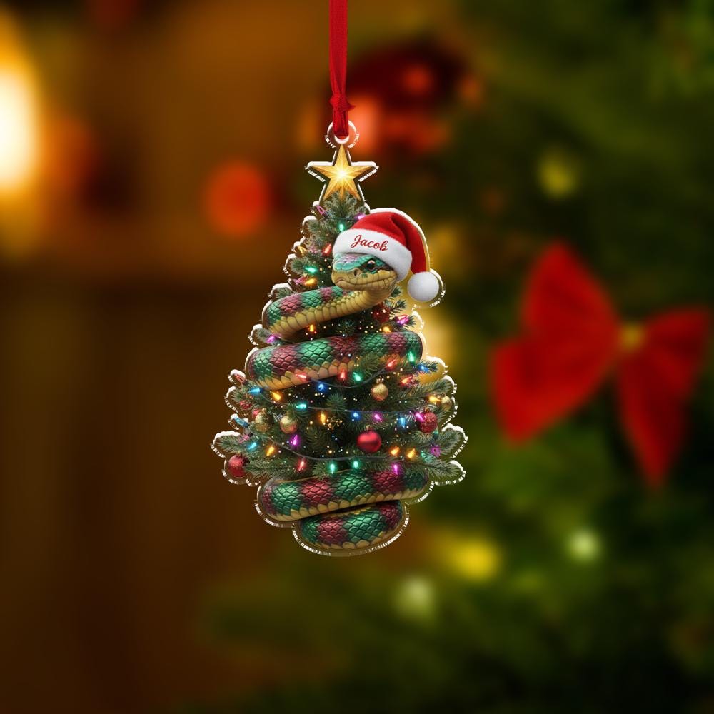 Personalized Snake Tree Ornament — Acrylic Coiled Snake with Lights & Santa Hat
