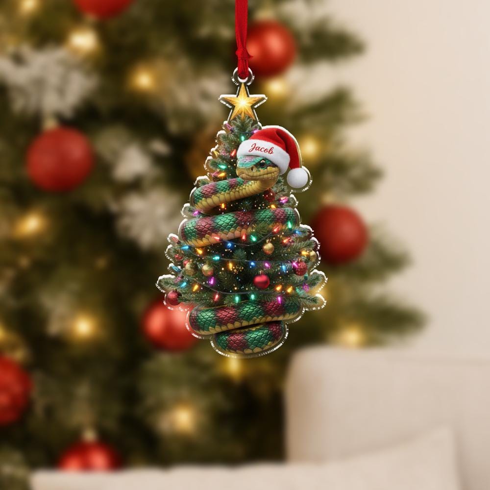 Personalized Snake Tree Ornament — Acrylic Coiled Snake with Lights & Santa Hat