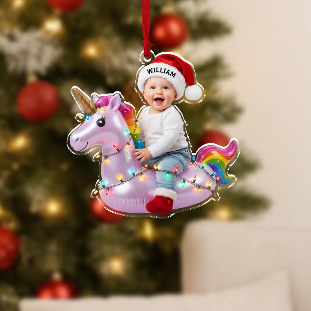 Personalized Photo Baby Unicorn Ornament, Acrylic Unicorn with Lights & Name Santa Hat