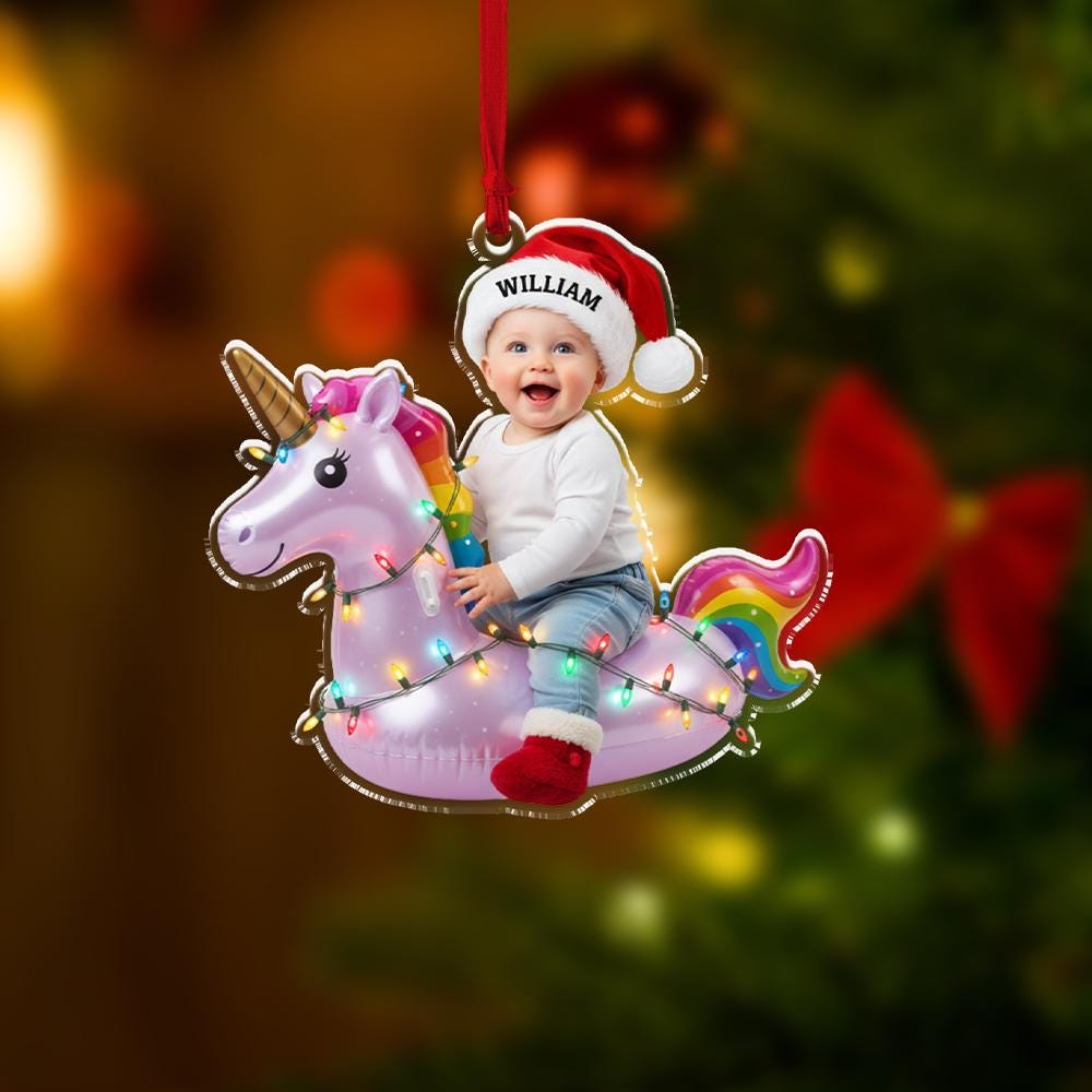 Personalized Photo Baby Unicorn Ornament, Acrylic Unicorn with Lights & Name Santa Hat