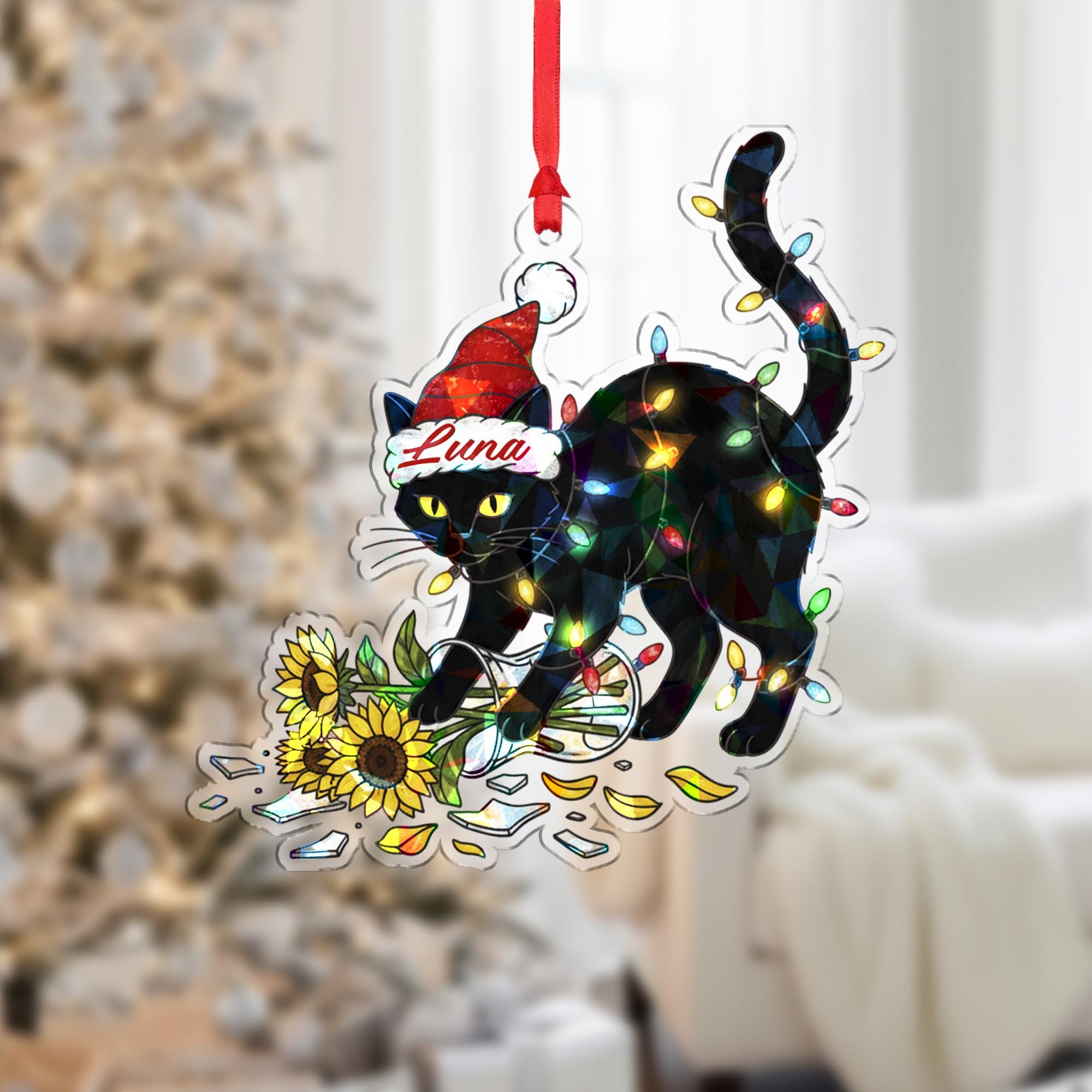 Personalized Black Cat Ornament, Custom Name Holographic Christmas Tree Decor