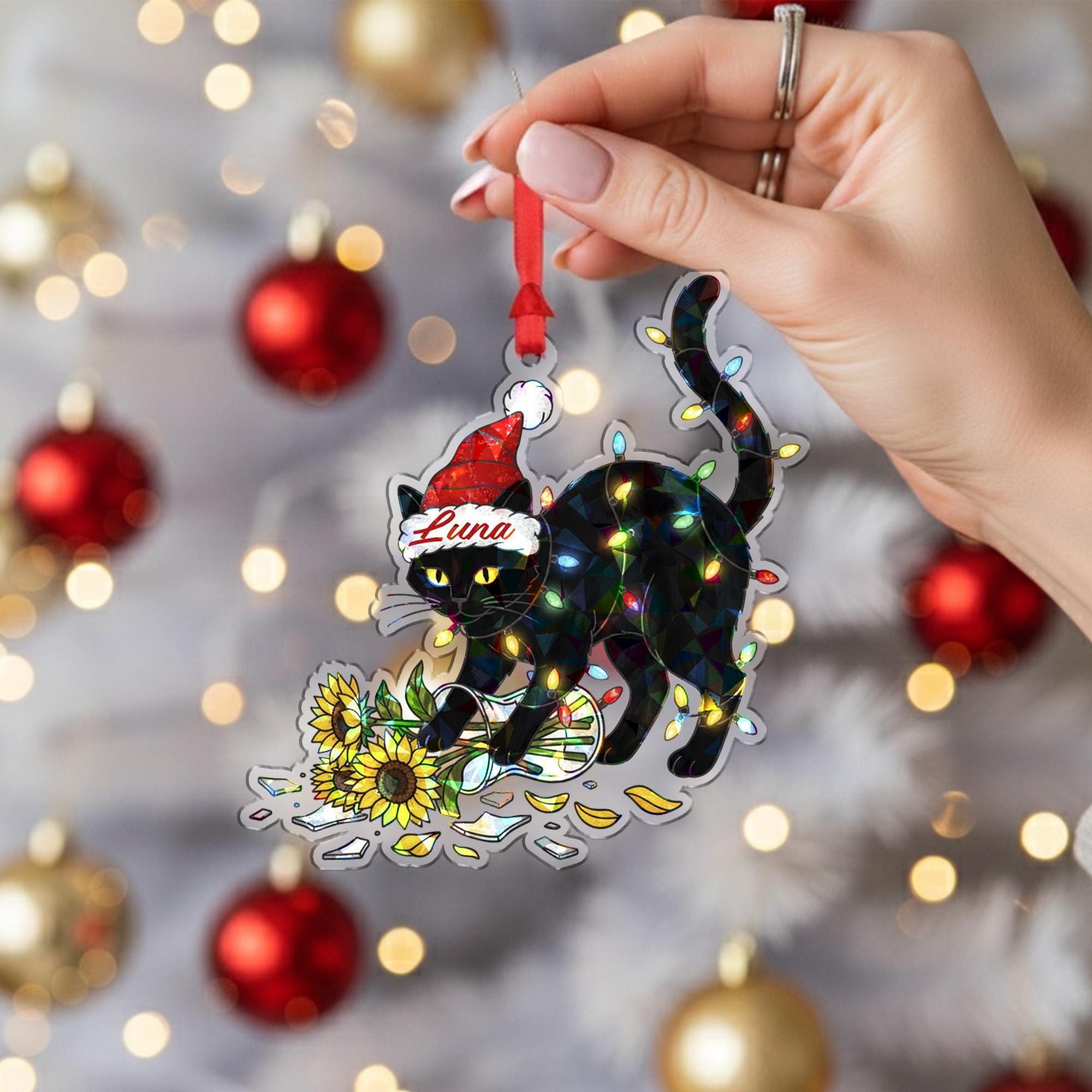 Personalized Black Cat Ornament, Custom Name Holographic Christmas Tree Decor