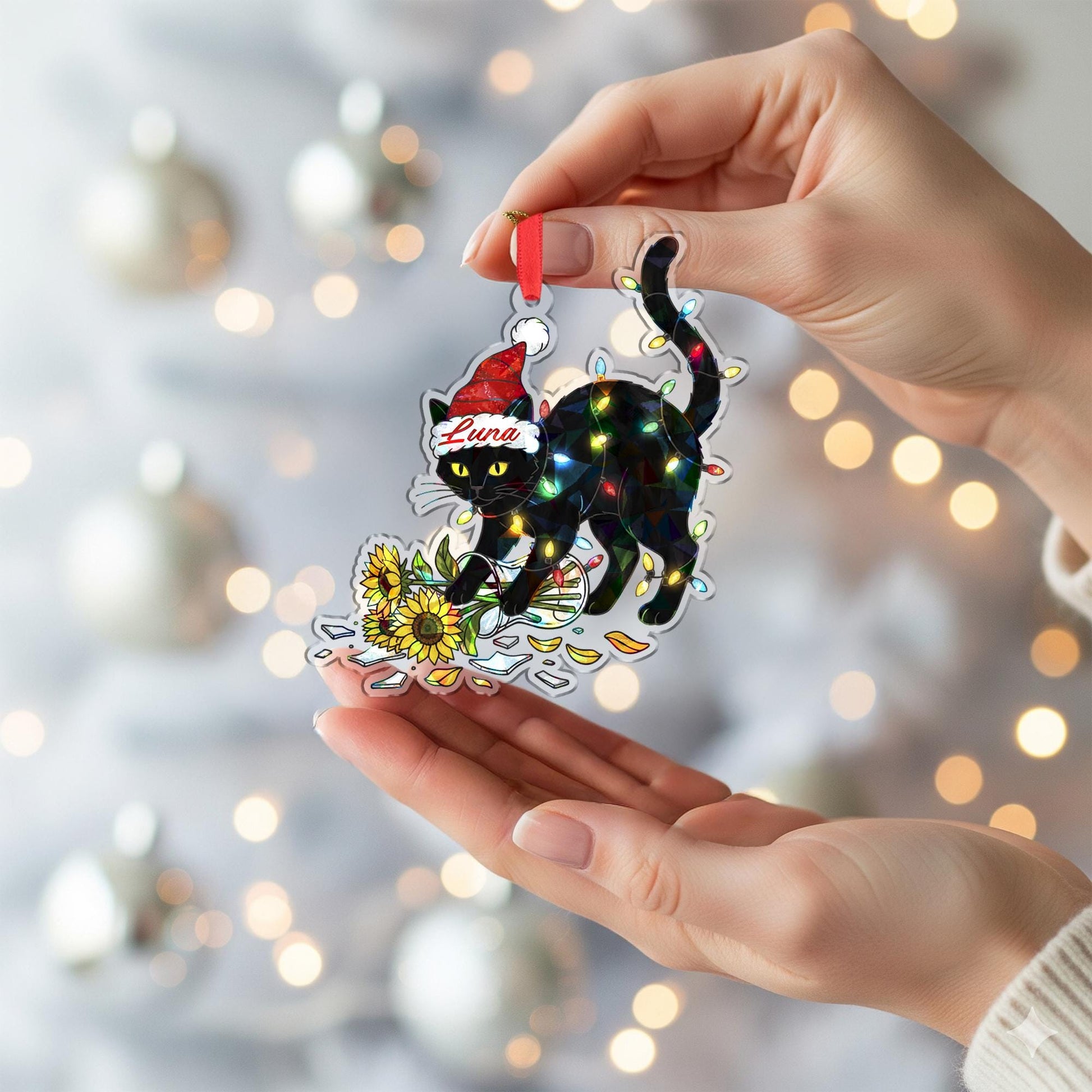 Personalized Black Cat Ornament, Custom Name Holographic Christmas Tree Decor