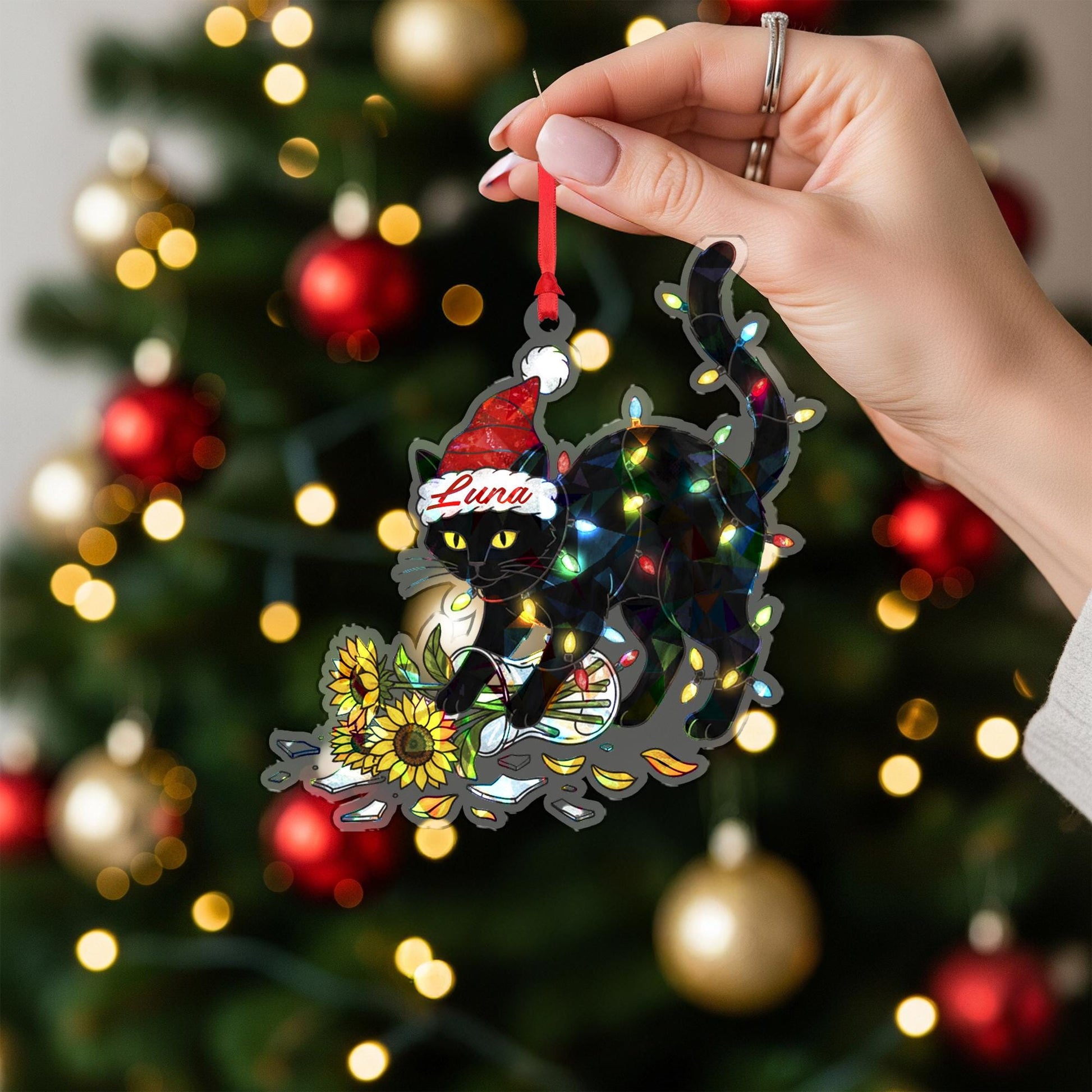 Personalized Black Cat Ornament, Custom Name Holographic Christmas Tree Decor