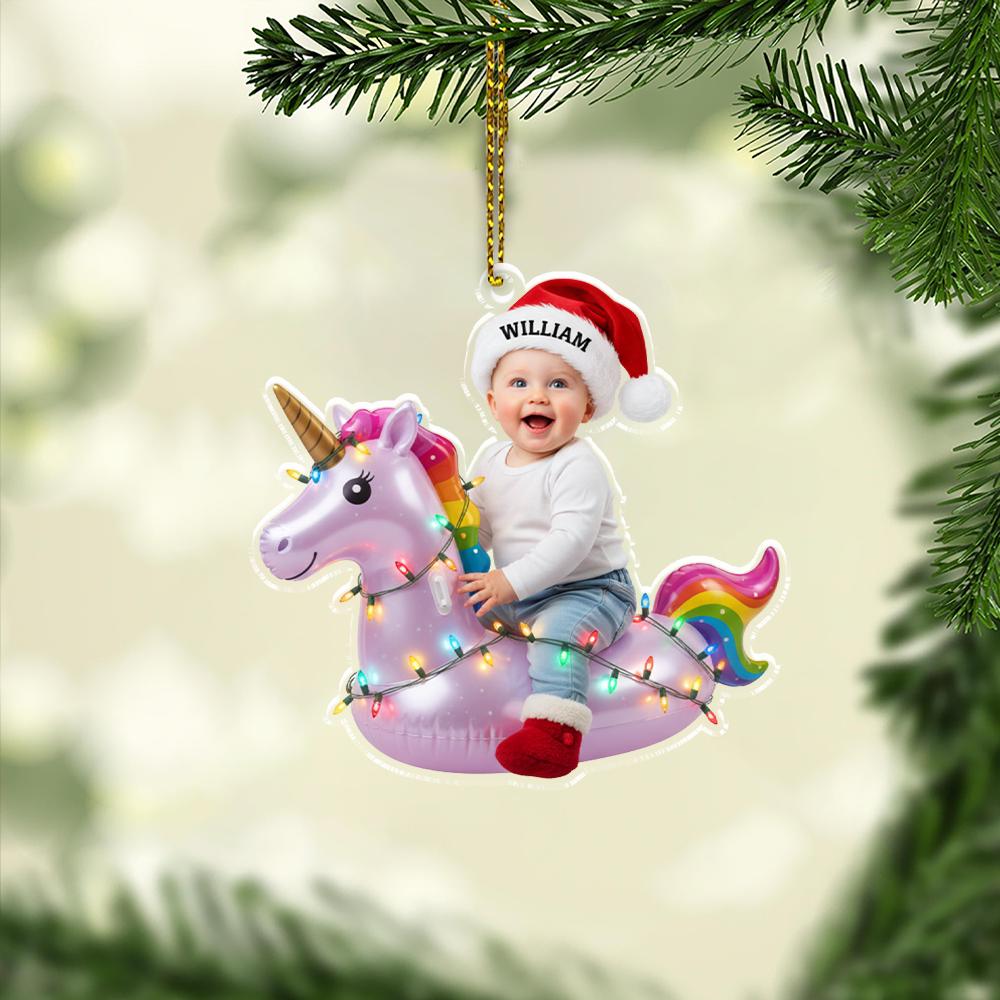 Personalized Photo Baby Unicorn Ornament, Acrylic Unicorn with Lights & Name Santa Hat