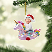 Personalized Photo Baby Unicorn Ornament, Acrylic Unicorn with Lights & Name Santa Hat