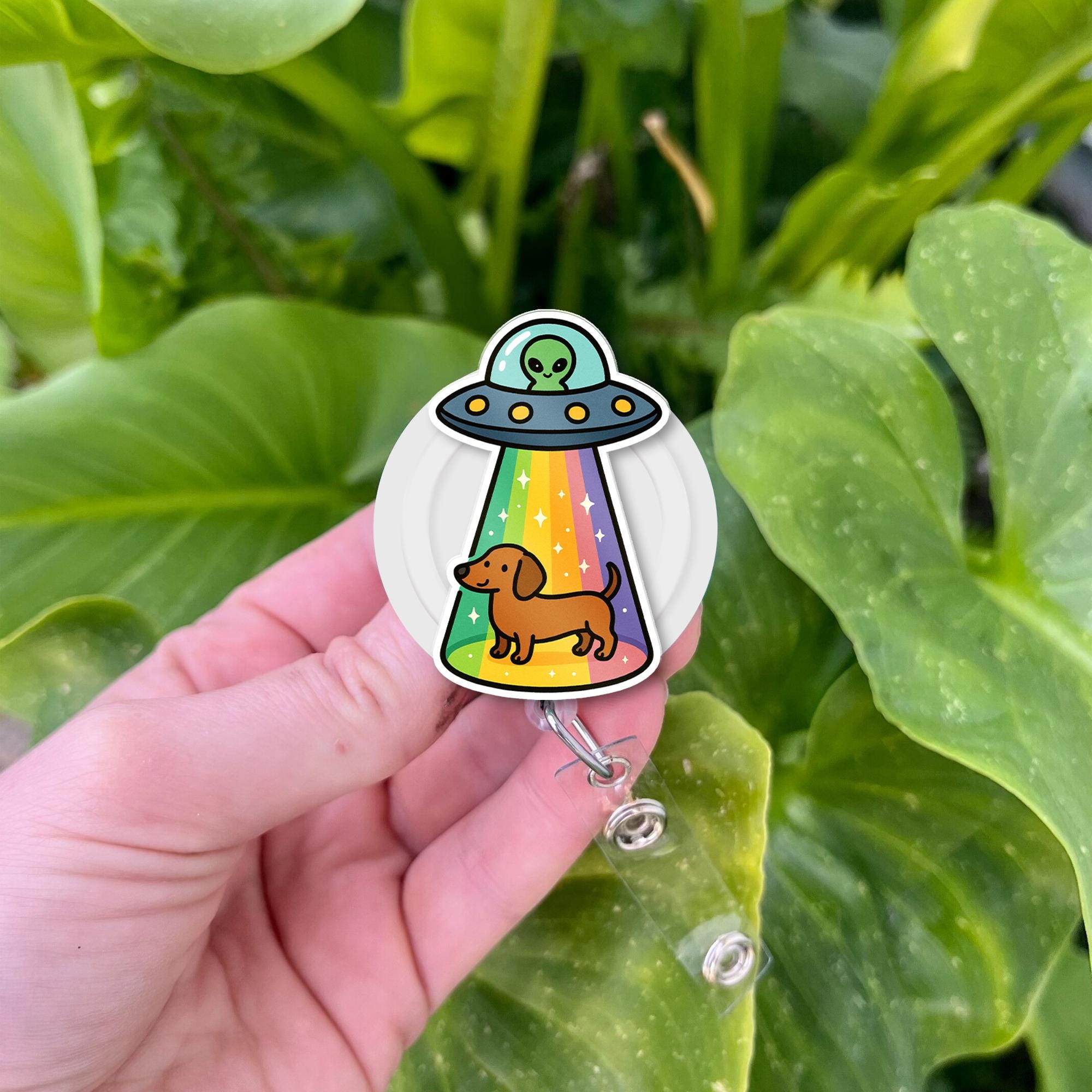 Dachshund UFO Badge Reel: Alien Spaceship ID Holder
