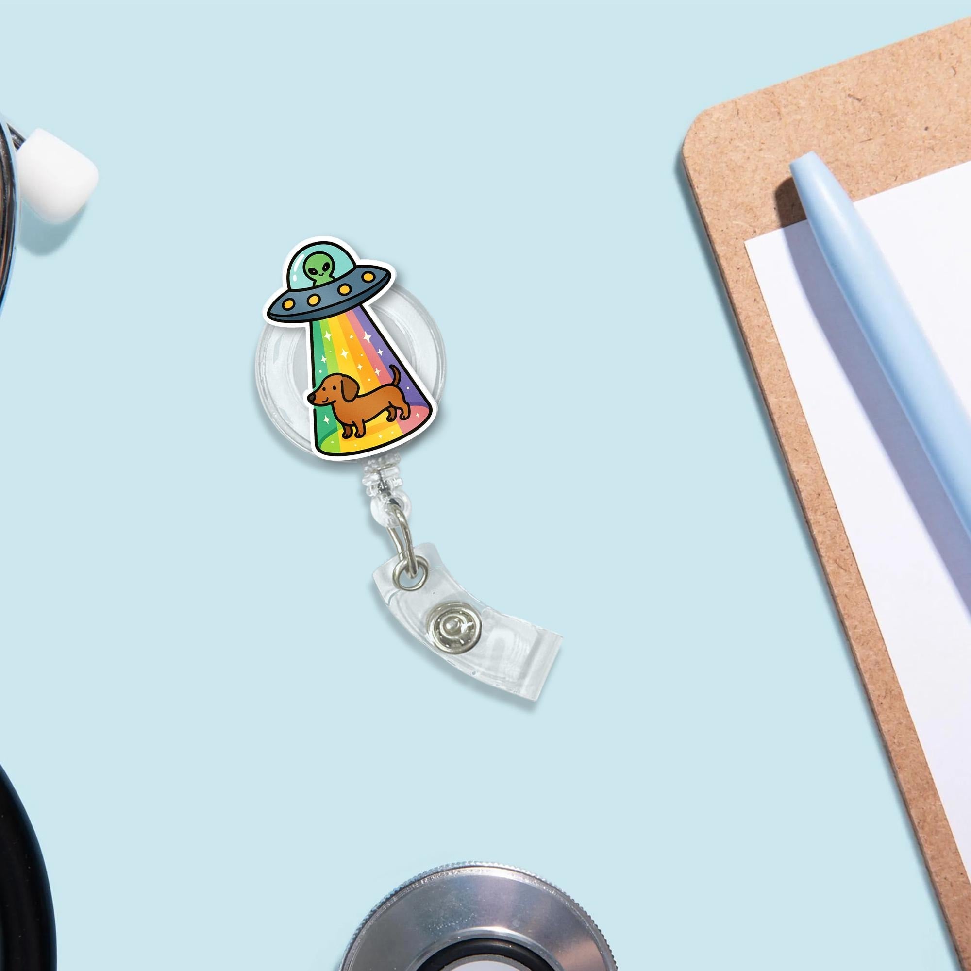 Dachshund UFO Badge Reel: Alien Spaceship ID Holder