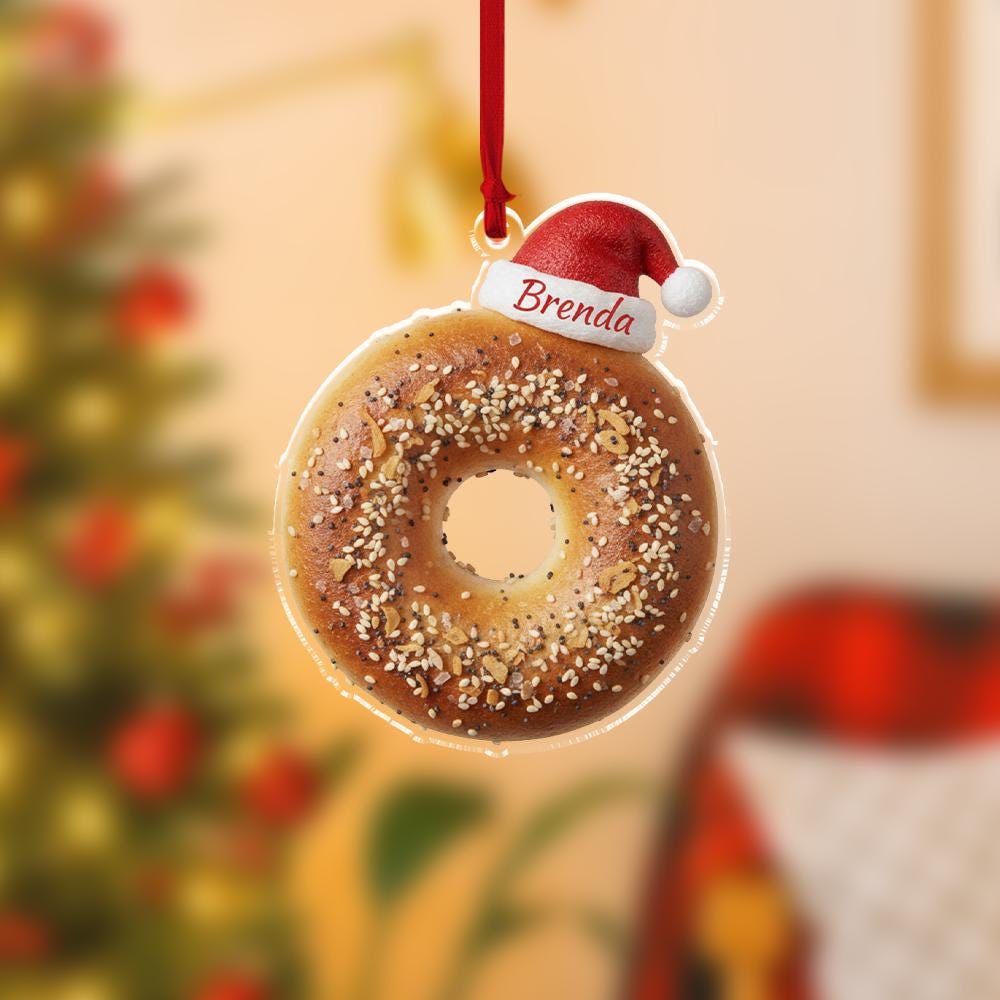 Personalized Bagel Ornament, Acrylic Bagel with Santa Hat & Name