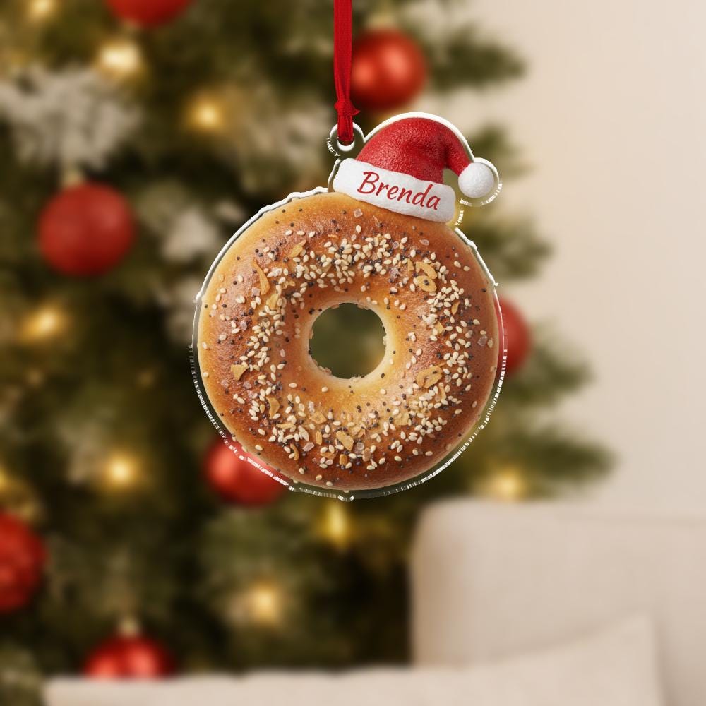 Personalized Bagel Ornament, Acrylic Bagel with Santa Hat & Name
