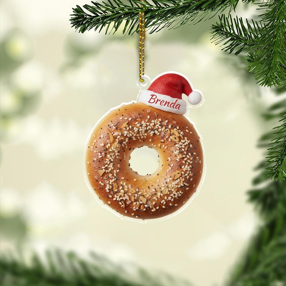 Personalized Bagel Ornament, Acrylic Bagel with Santa Hat & Name
