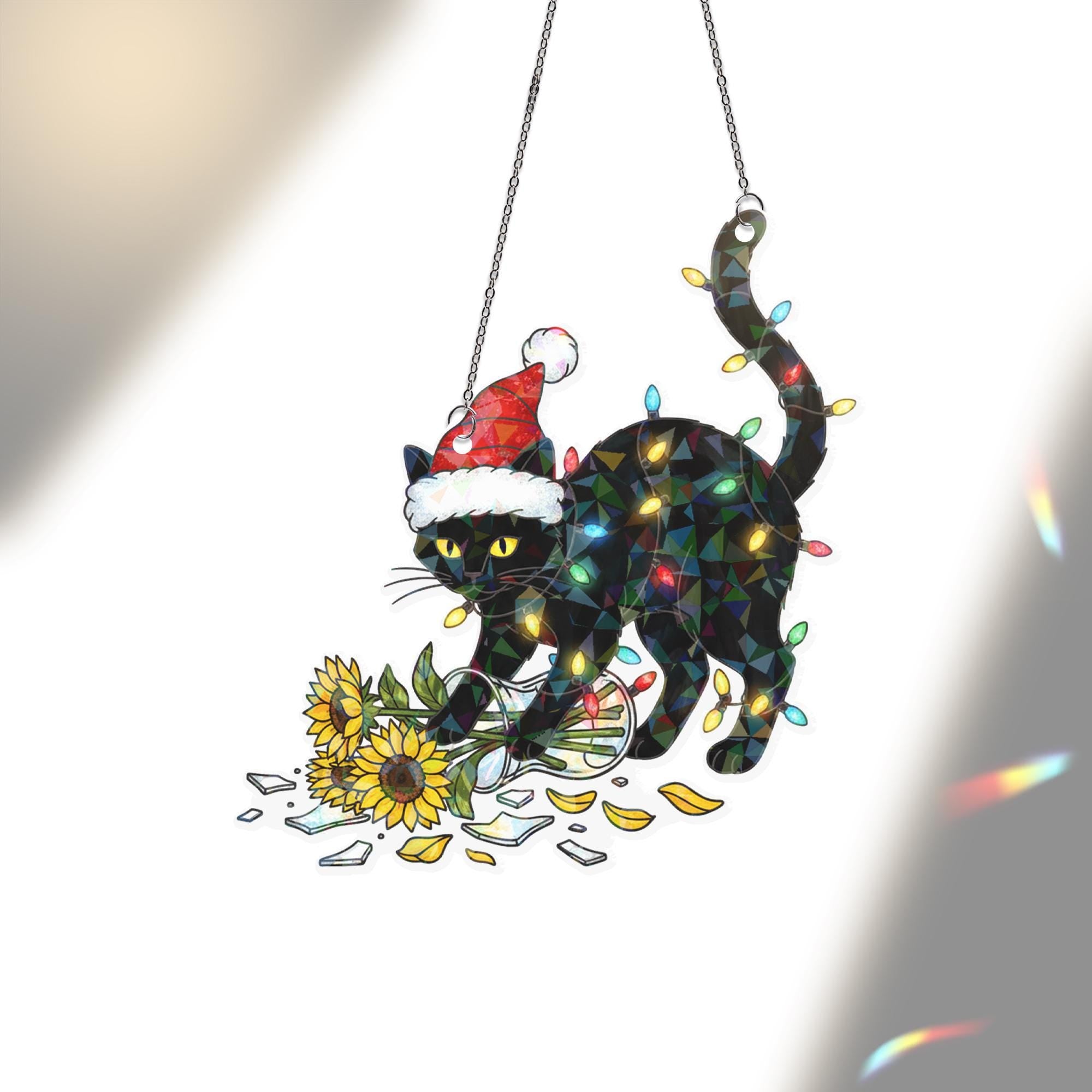 Black Cat Christmas Window Hanging, Funny Holographic Holiday Suncatcher Decor