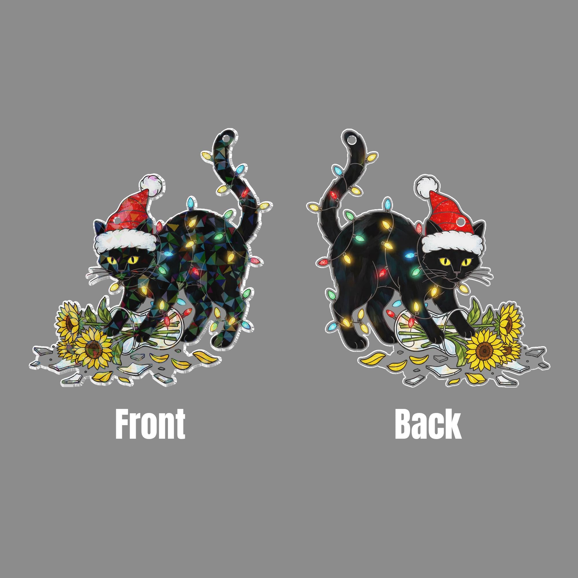 Black Cat Christmas Window Hanging, Funny Holographic Holiday Suncatcher Decor