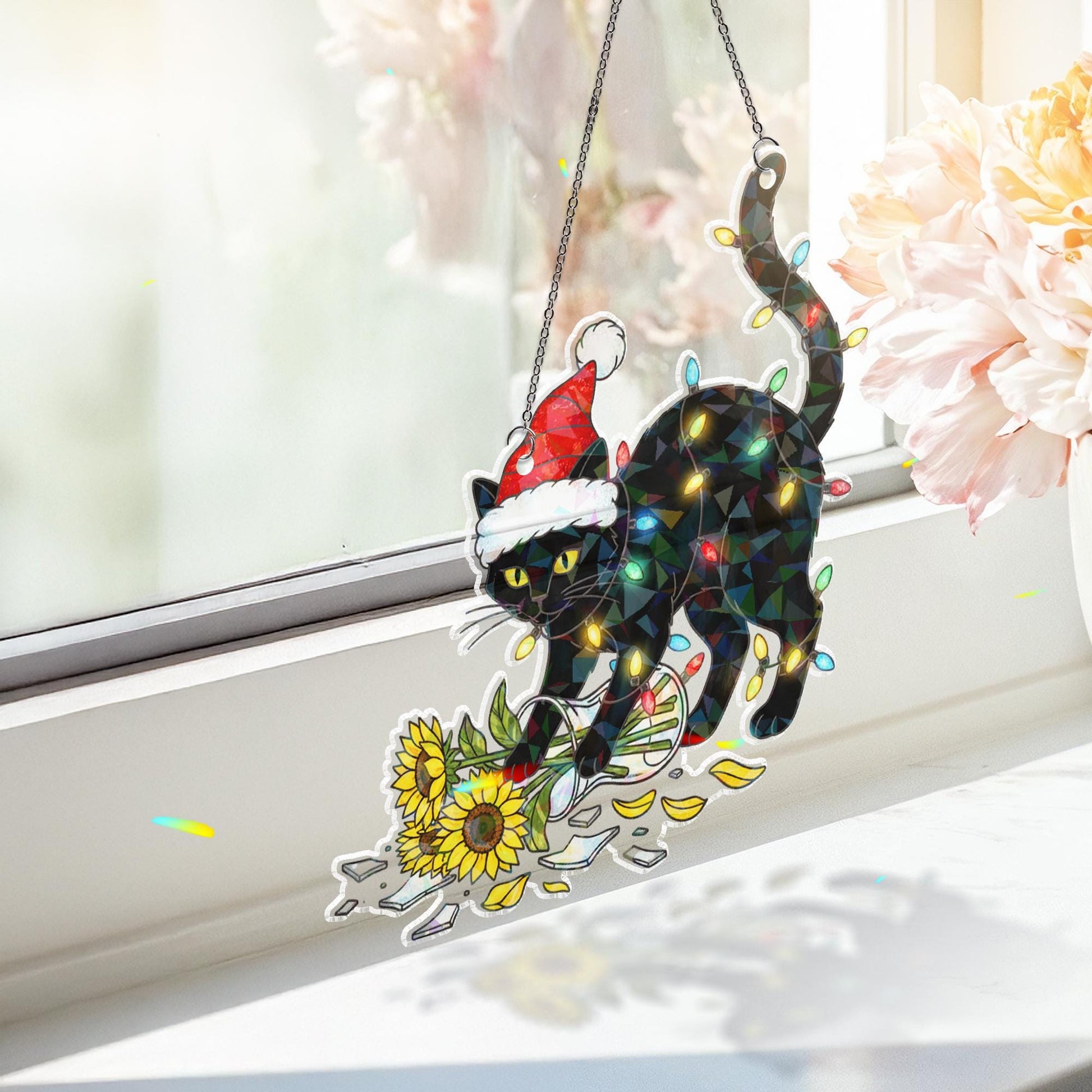 Black Cat Christmas Window Hanging, Funny Holographic Holiday Suncatcher Decor