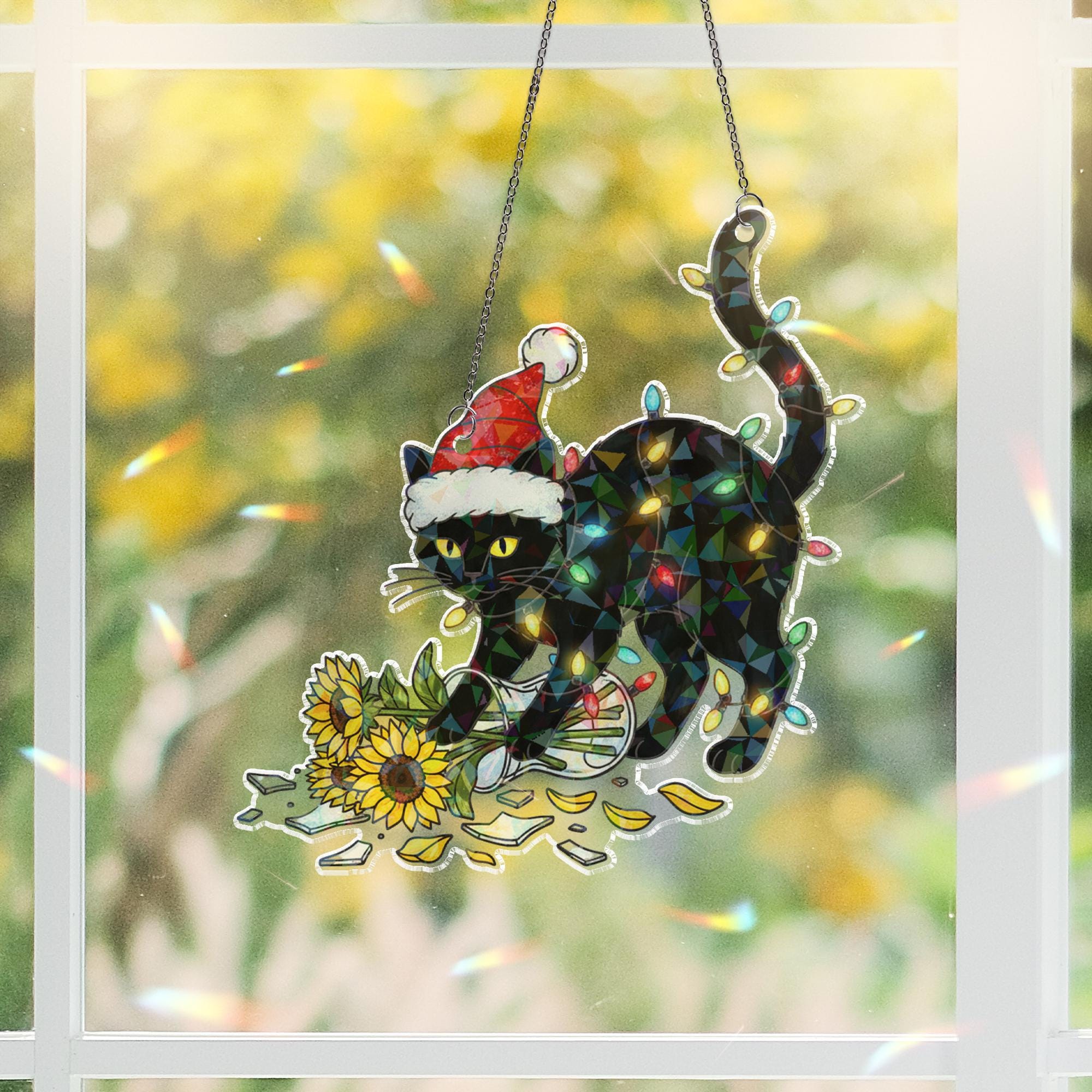 Black Cat Christmas Window Hanging, Funny Holographic Holiday Suncatcher Decor
