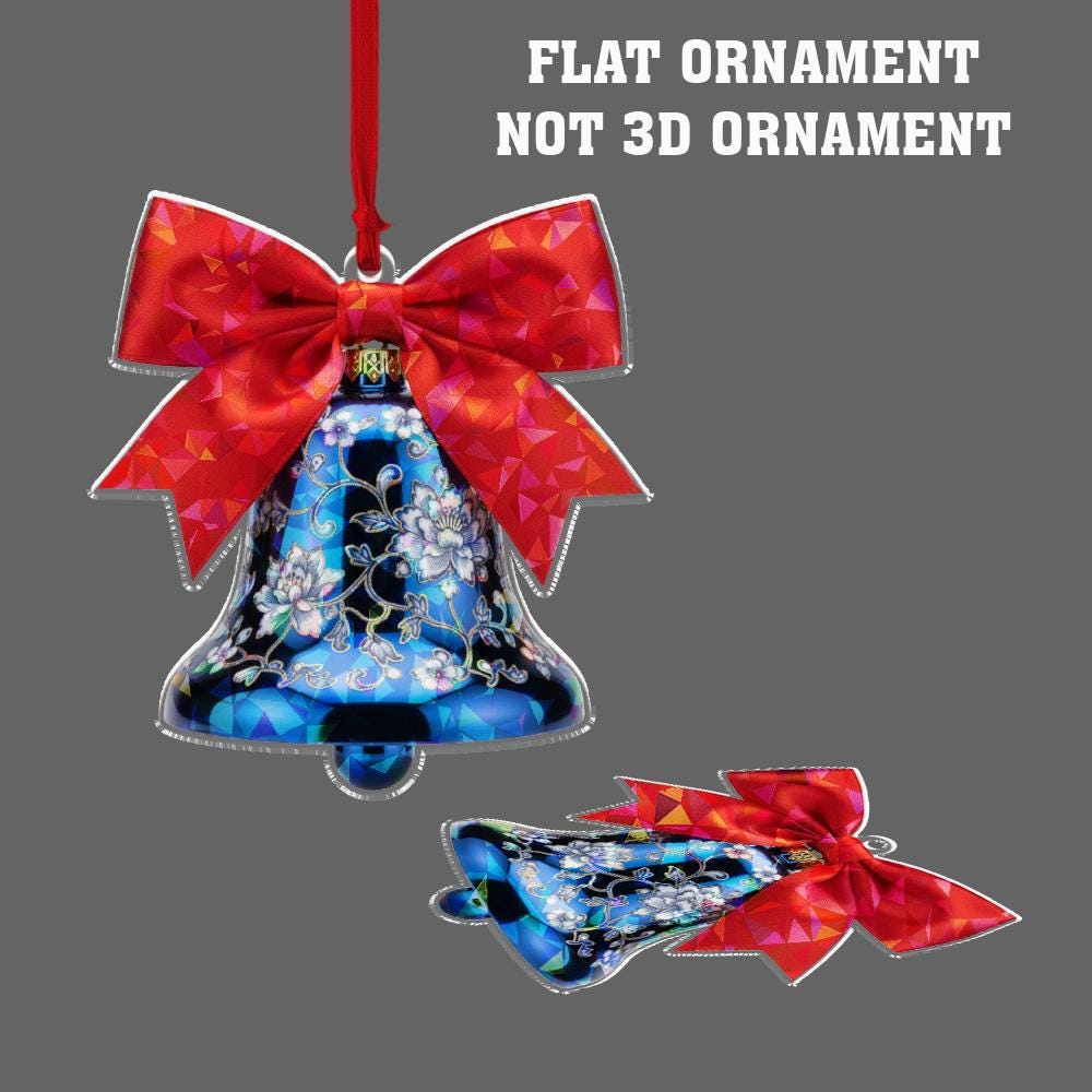 Hologram Chinoiserie Blue Bell Ornament – Red Bow Floral Christmas Tree Decoration Ceramic Style