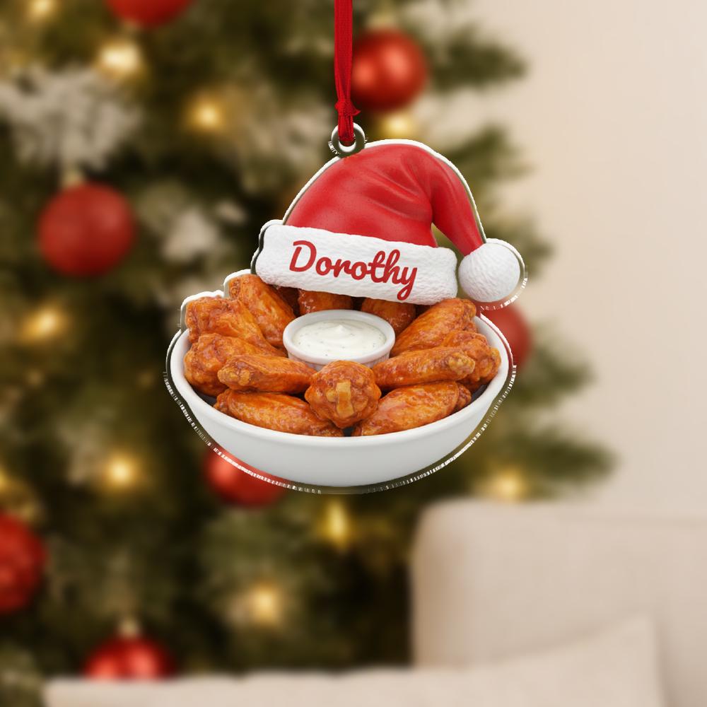 Personalized Chicken Wing Ornament, Acrylic Wing with Santa Hat & Name