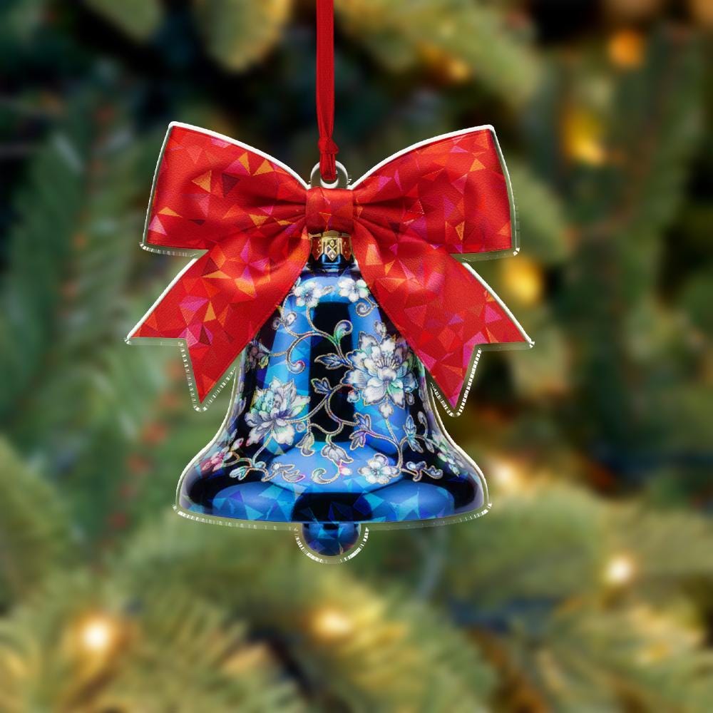 Hologram Chinoiserie Blue Bell Ornament – Red Bow Floral Christmas Tree Decoration Ceramic Style