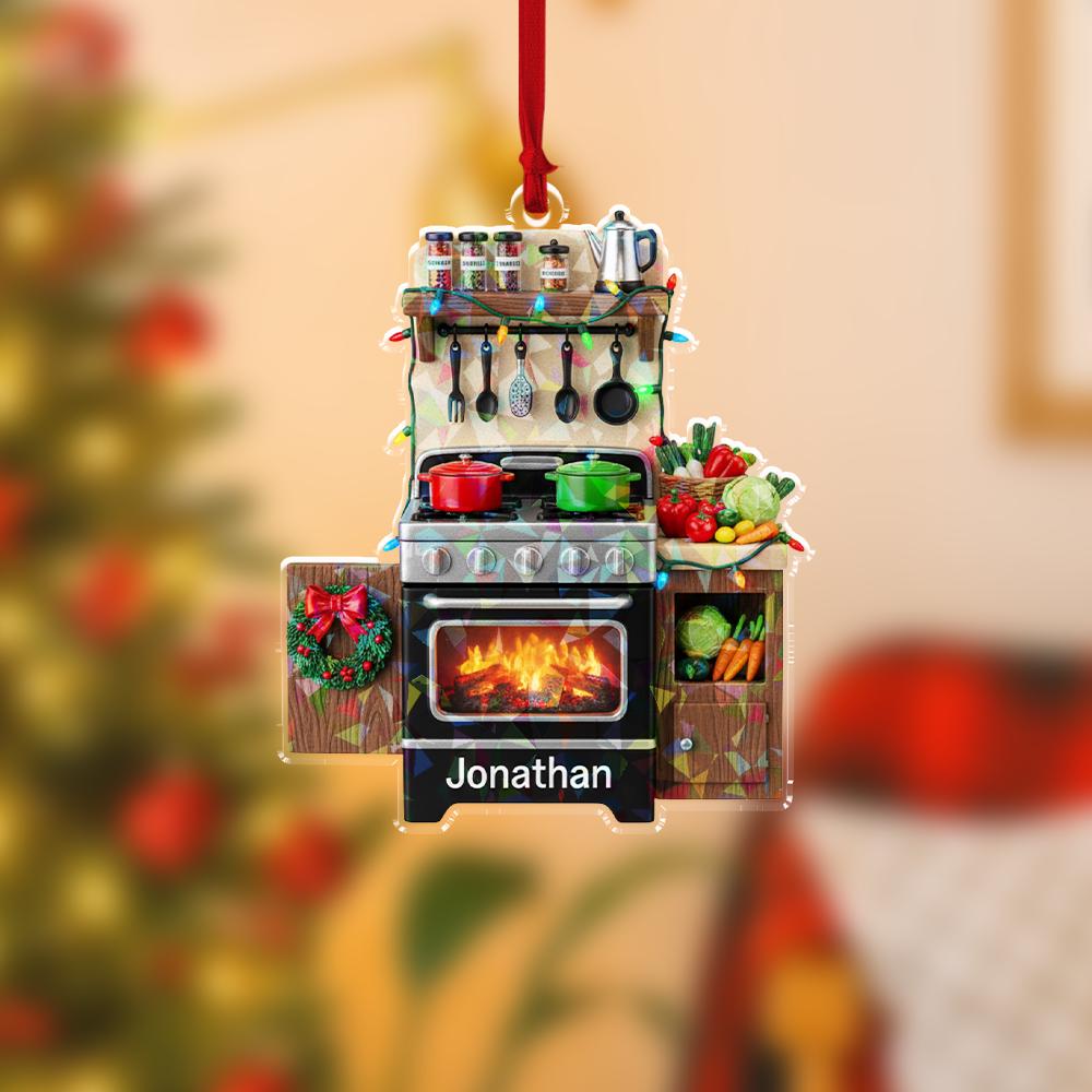 Personalized Kitchen Grill Ornament, Acrylic BBQ with Name & Santa Hat