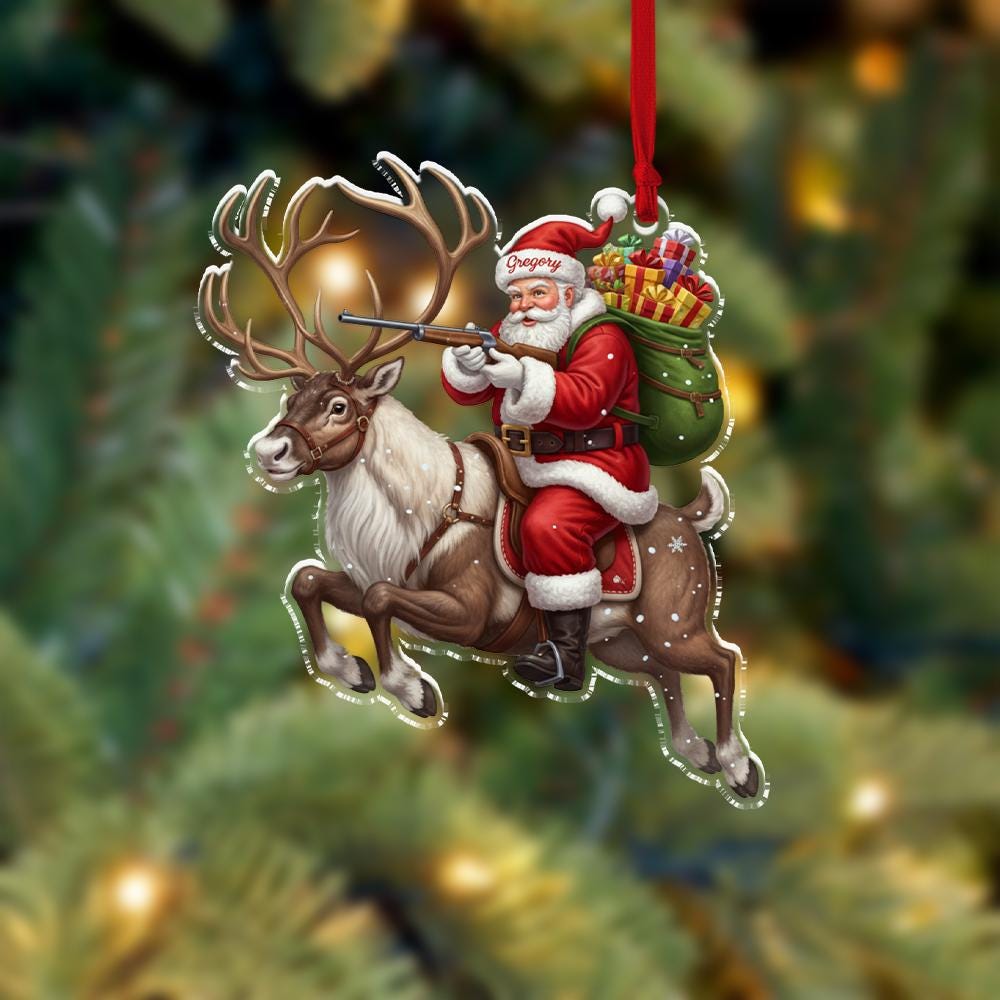 Personalized Hunting Santa Ornament – Custom Christmas Tree Decoration with Reindeer and Rifle Design