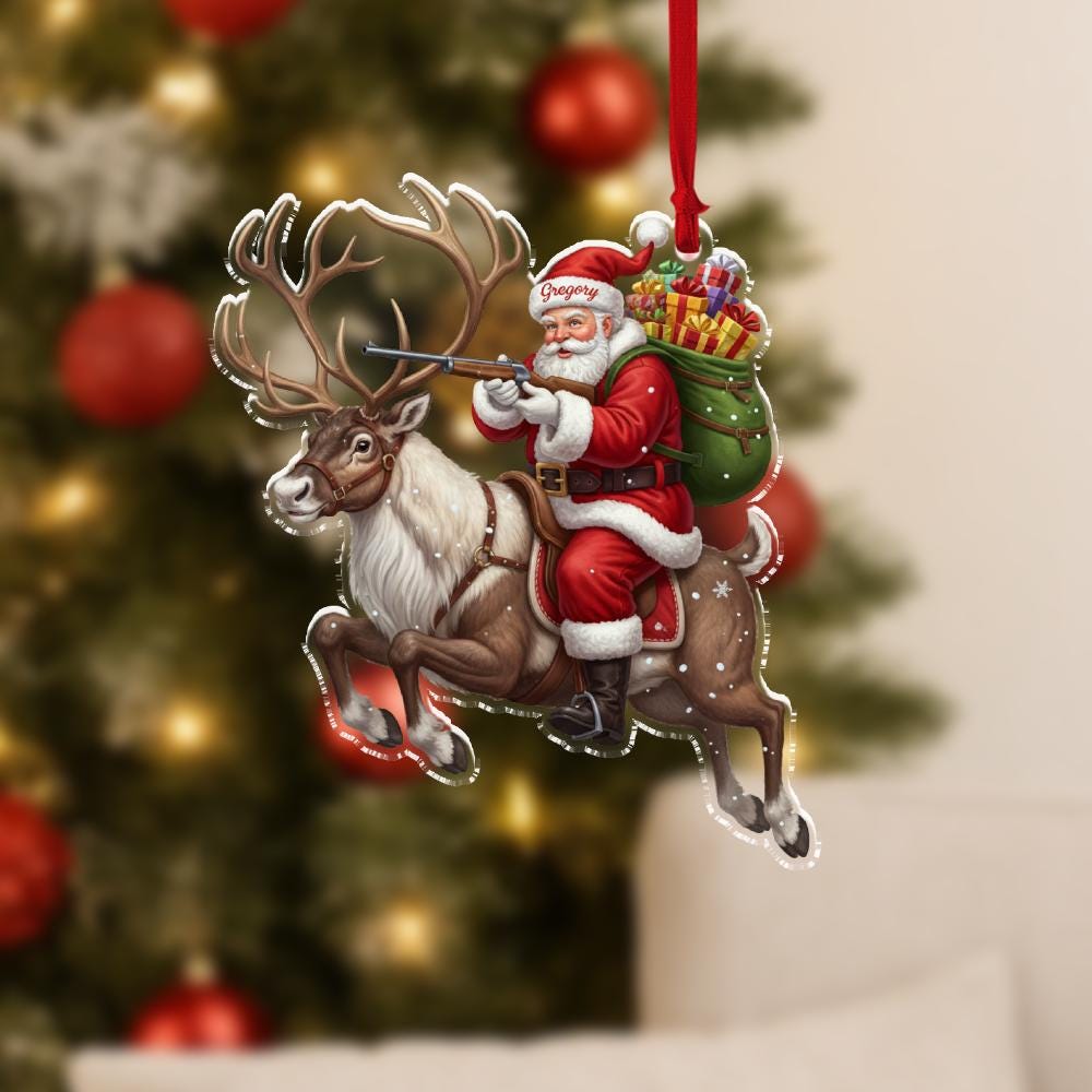 Personalized Hunting Santa Ornament – Custom Christmas Tree Decoration with Reindeer and Rifle Design