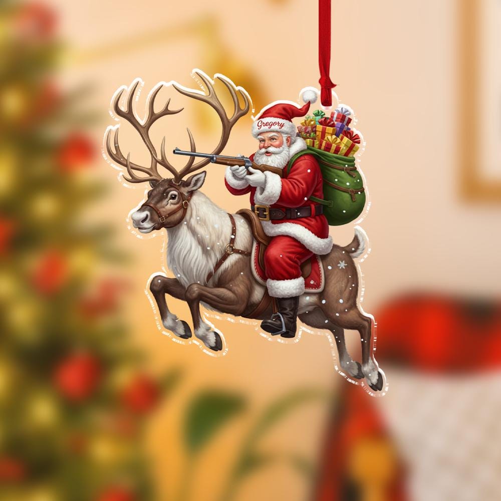 Personalized Hunting Santa Ornament – Custom Christmas Tree Decoration with Reindeer and Rifle Design