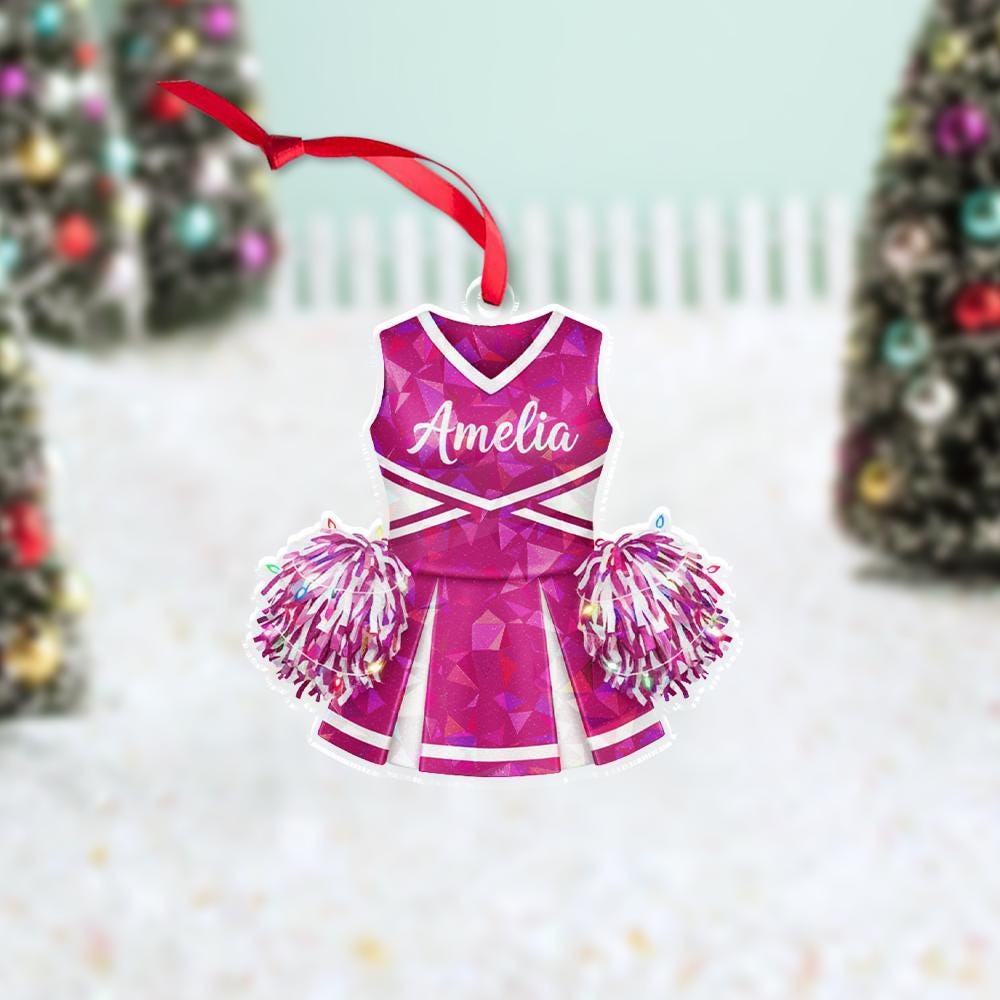 Personalized Cheerleading Uniform Ornament, Acrylic Cheer Dress with Pom-poms & Name
