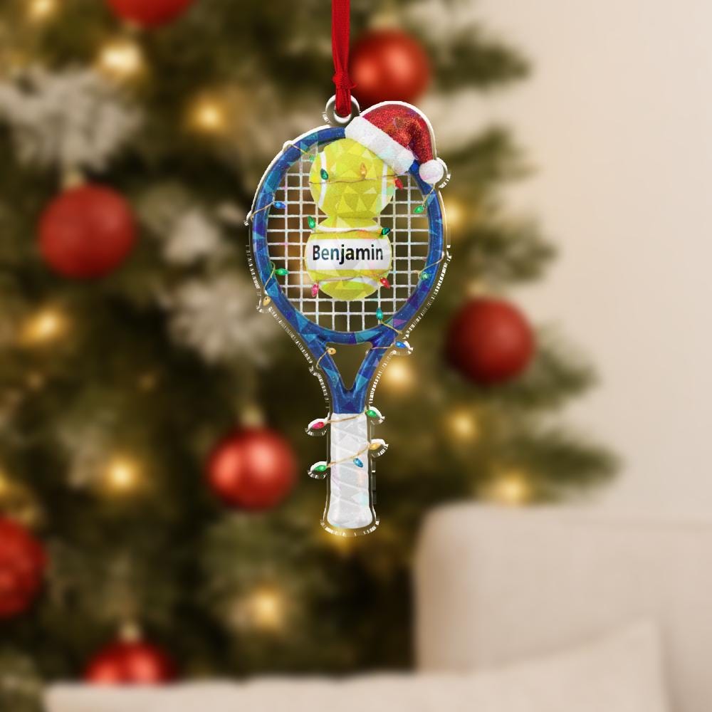 Personalized Tennis Racket Ornament, Acrylic Racket with Ball & Name