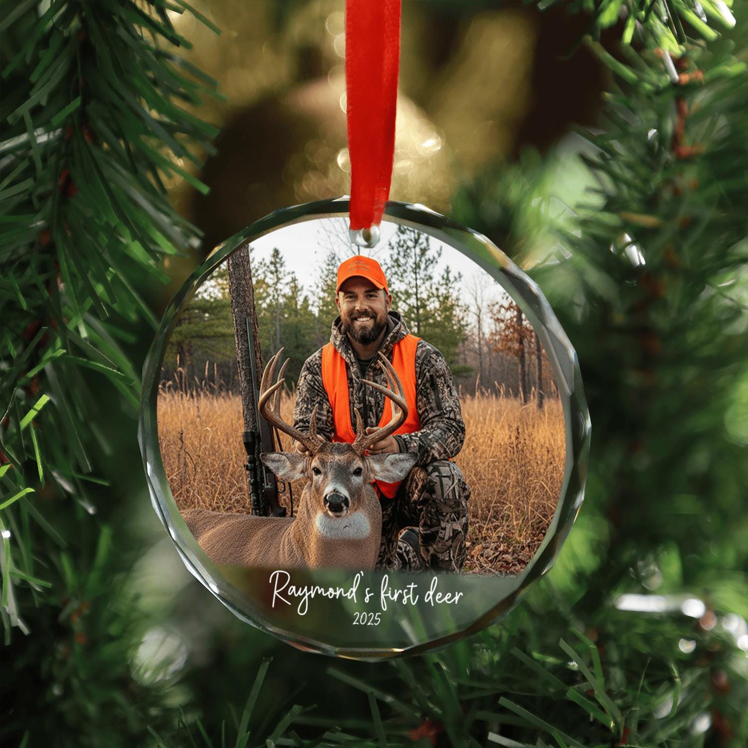 First Deer Hunting Ornament – Personalized Glass Christmas Tree Decoration with Hunter and Deer Photo