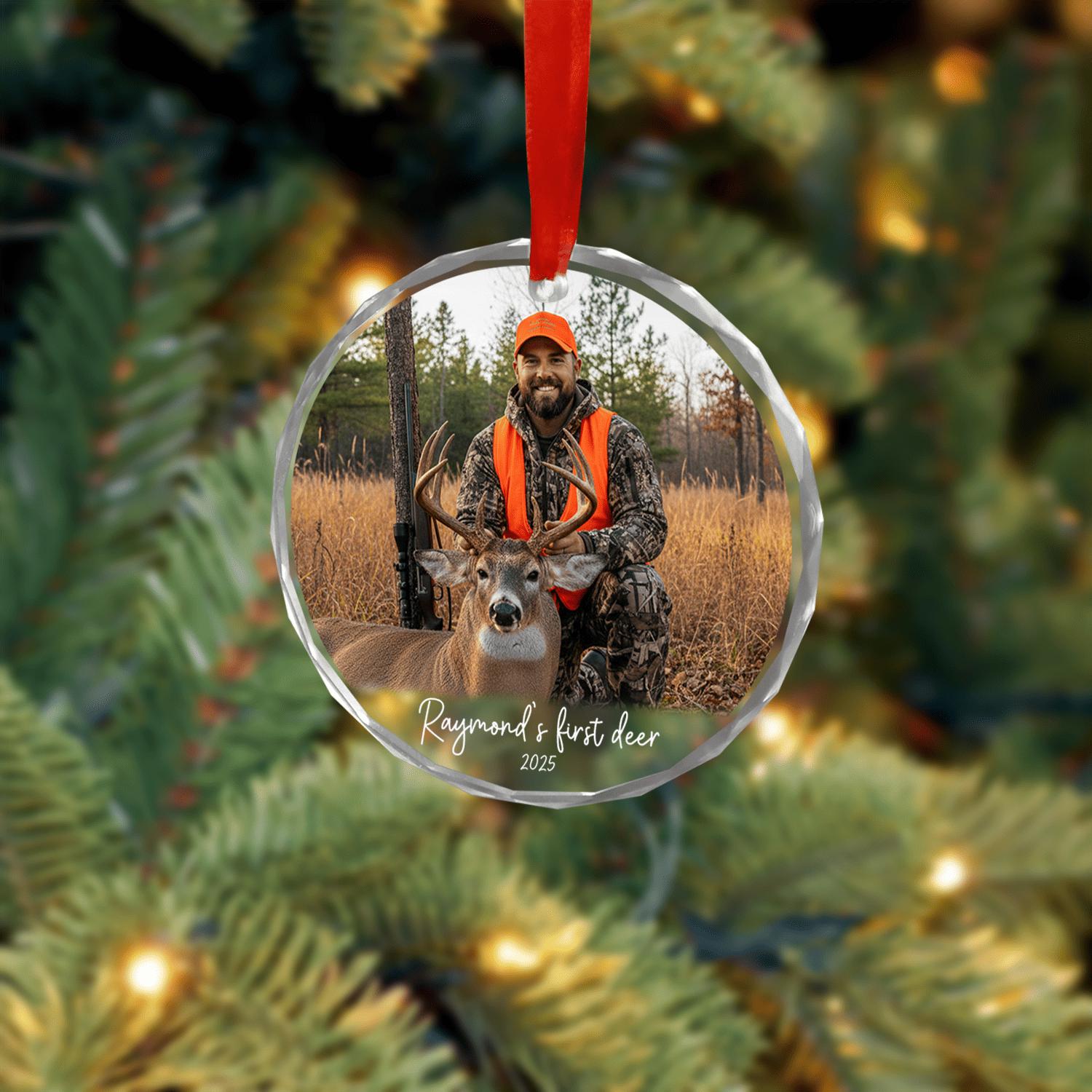 First Deer Hunting Ornament – Personalized Glass Christmas Tree Decoration with Hunter and Deer Photo