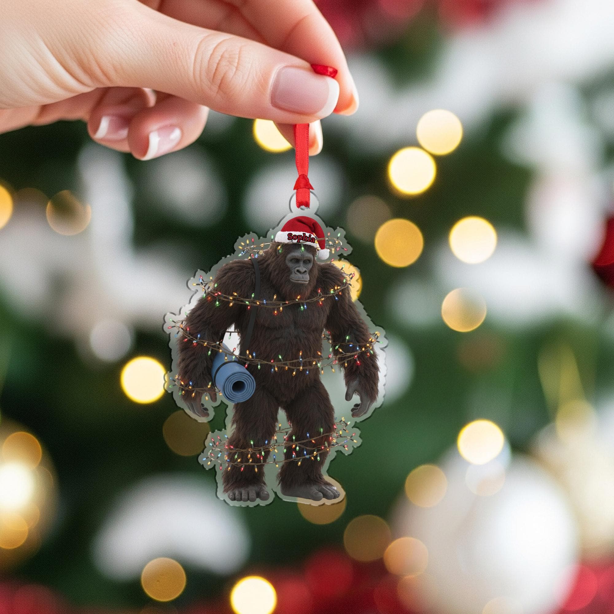 Funny Bigfoot Yoga Ornament, Personalized Sasquatch Christmas Tree Gift