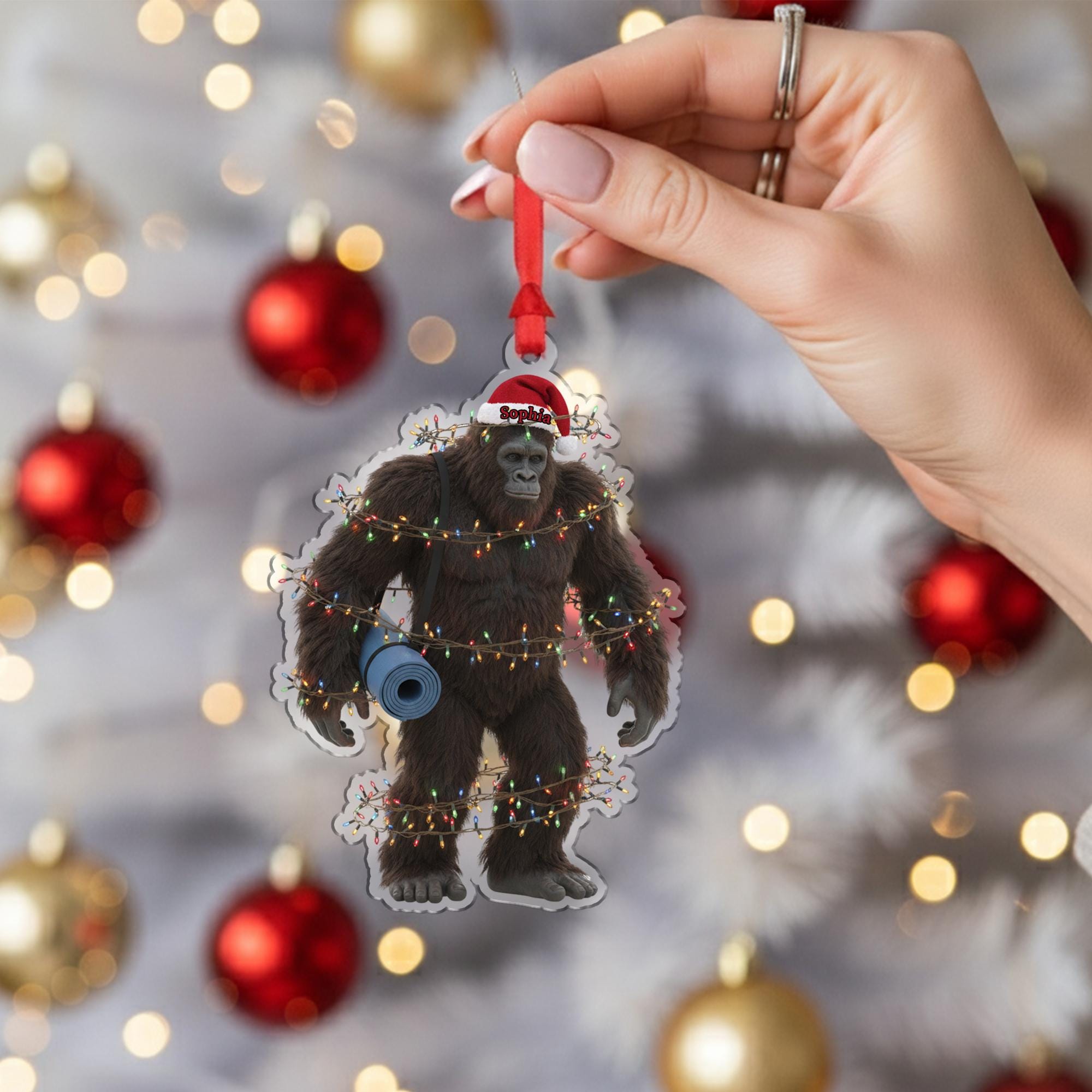 Funny Bigfoot Yoga Ornament, Personalized Sasquatch Christmas Tree Gift